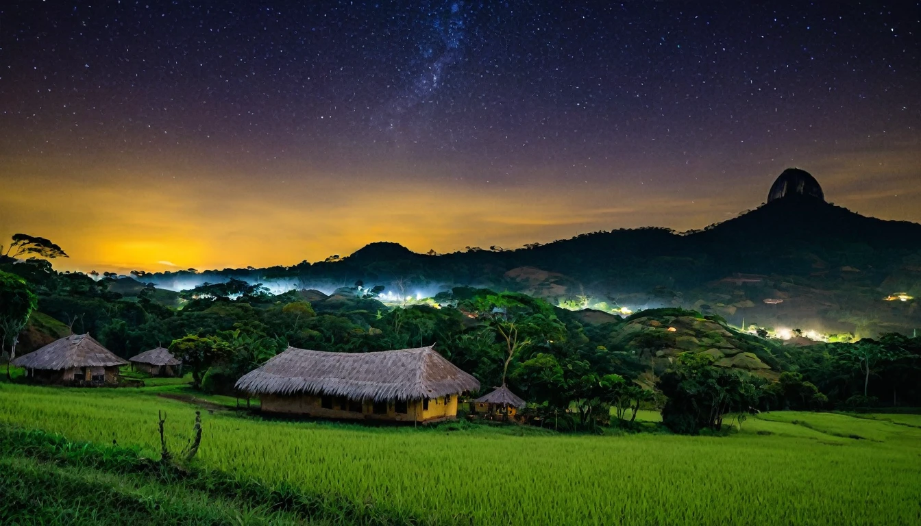 a countryside in brazil at night. At the buttom at distance some rustic houses, a peaceful landscape with trees.