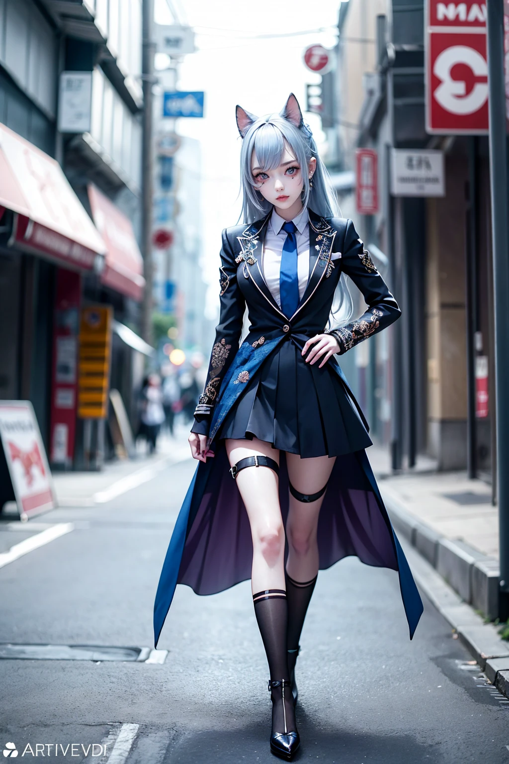 Anime girl with long hair and blue eyes standing on a city street, ArtStation Pixivでトレンド, Purple eyes, Blue tie, beautiful (Detailed eyes, Detailed face,) Ahegao, Euradev, Noble Temperament, High heels, No watermark