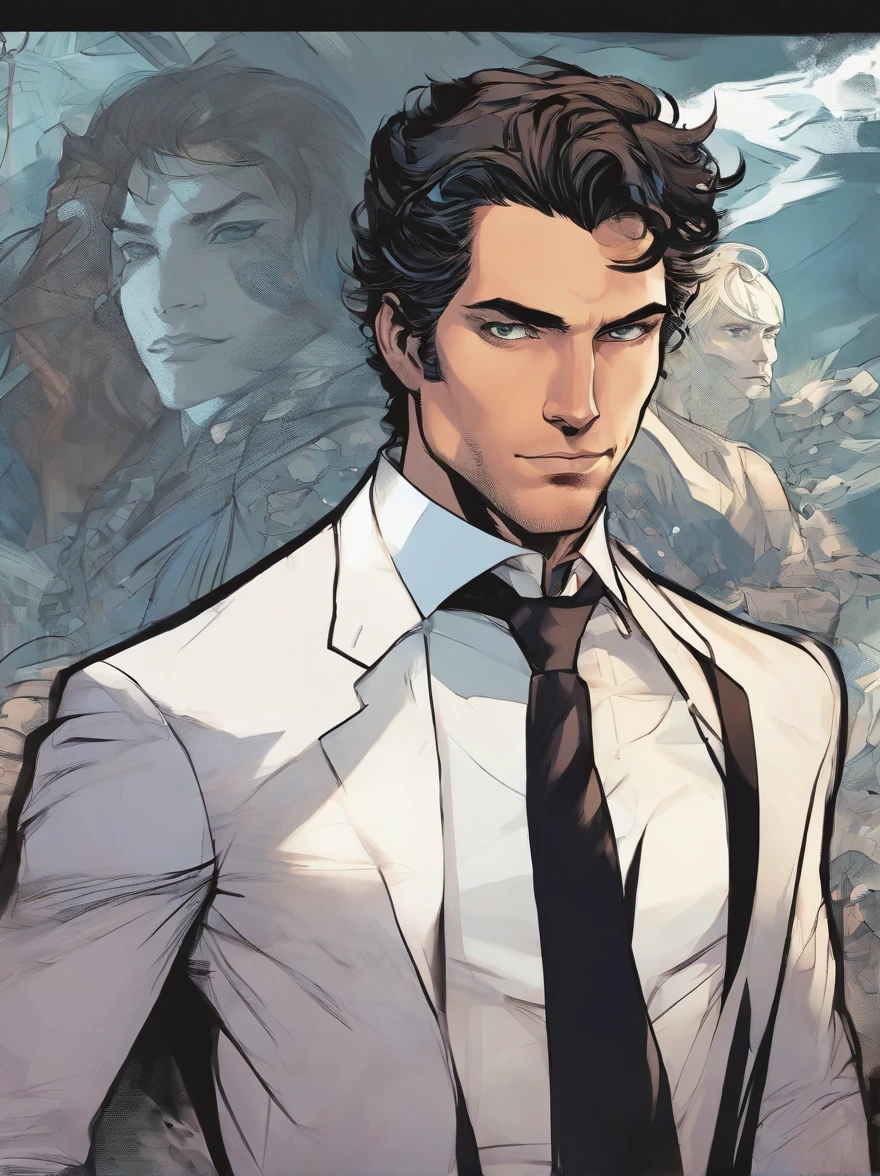 a caucasian man with black medium messy hair, obsidian eyes, medium build, wearing a dark well-tailored suit, crisp white dress shirt, stylish tie, highly detailed facial features, incredibly sharp focus, dramatic studio lighting, cinematic composition, moody color palette, elegant, sophisticated