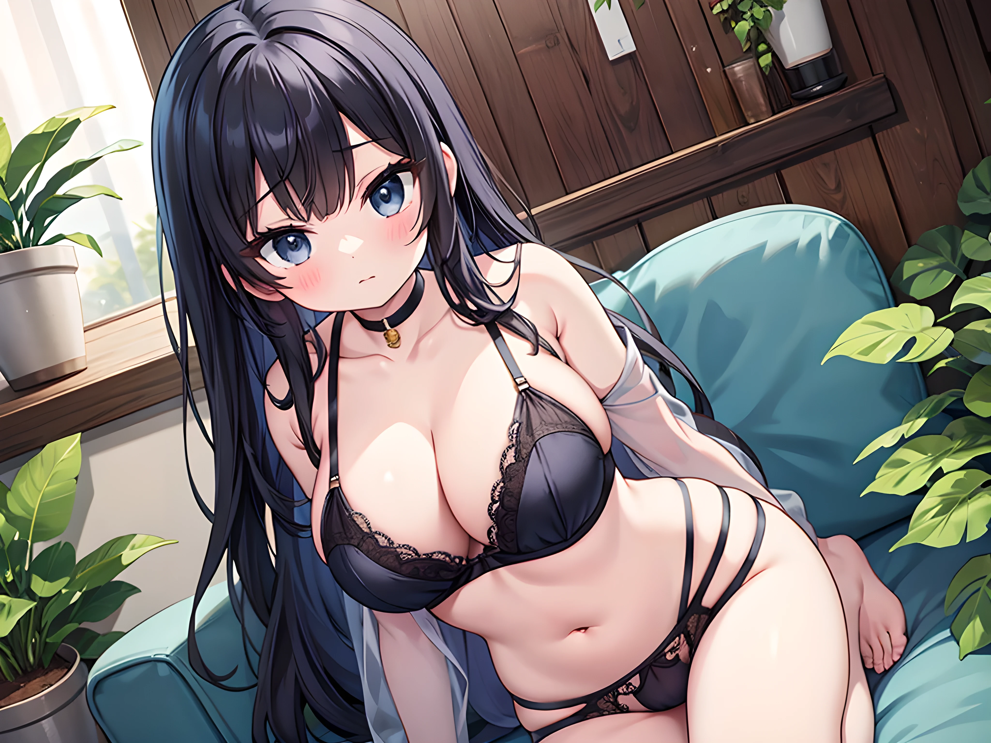 (score_9,score_8_up,score_7_up),masterpiece,best quality, source anime,
rating_explicit,uncensored, zPDXL2
BREAK
1girl, bangs, bare shoulders,bare foot, black hair,black eyes, blue bra, blue panties, blush, bra, branch, breasts, choker, cleavage, collarbone, flower pot, indoors, jewelry, large breasts, leaf, long hair, looking at viewer, navel, panties, plant, potted plant, solo, thighs, underwear, underwear only,cameltoe,
BREAK
sitting,from below,foot focus,
