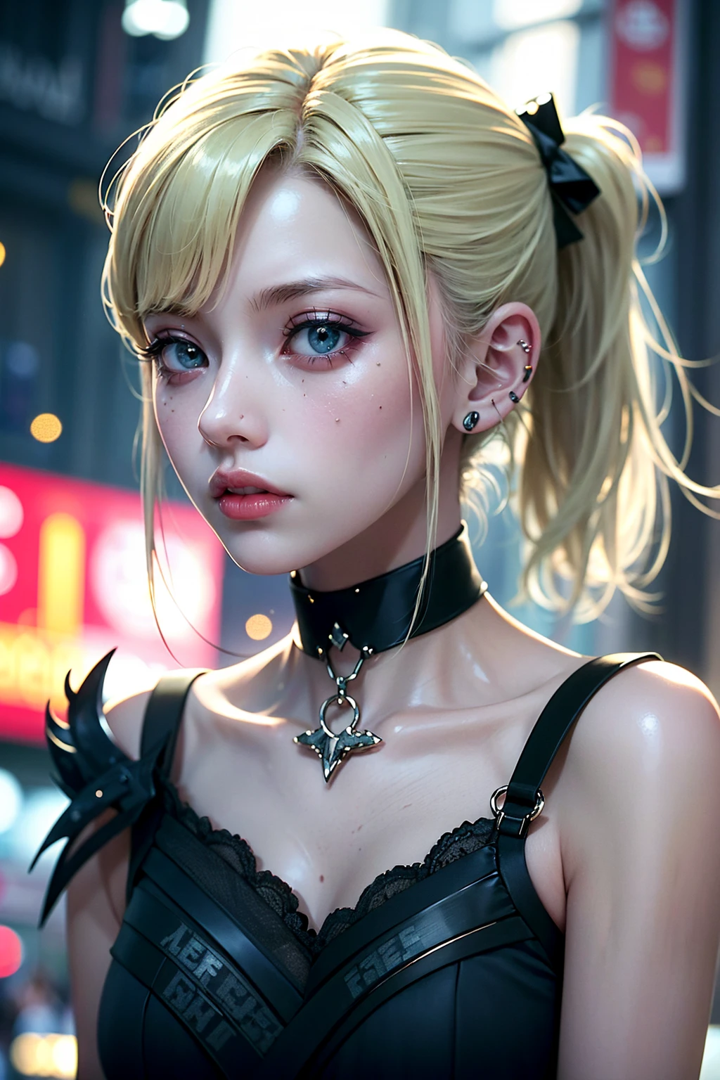 (masterpiece, Highest quality, 8k, Sharp focus, Depth of written boundary, Best Shadow, Perfect lighting, High resolution, Realistic skin texture, ultra-detailed background, detailed), Anime Style, Two women kissing (One of them has green eyes., White skin, Black hair ponytail, choker, Small breasts, slim, compensate, eyeliner, Glitter), (The other woman is blonde.), At the nightclub, Cyberpunk Theme, Cyberpunk City.