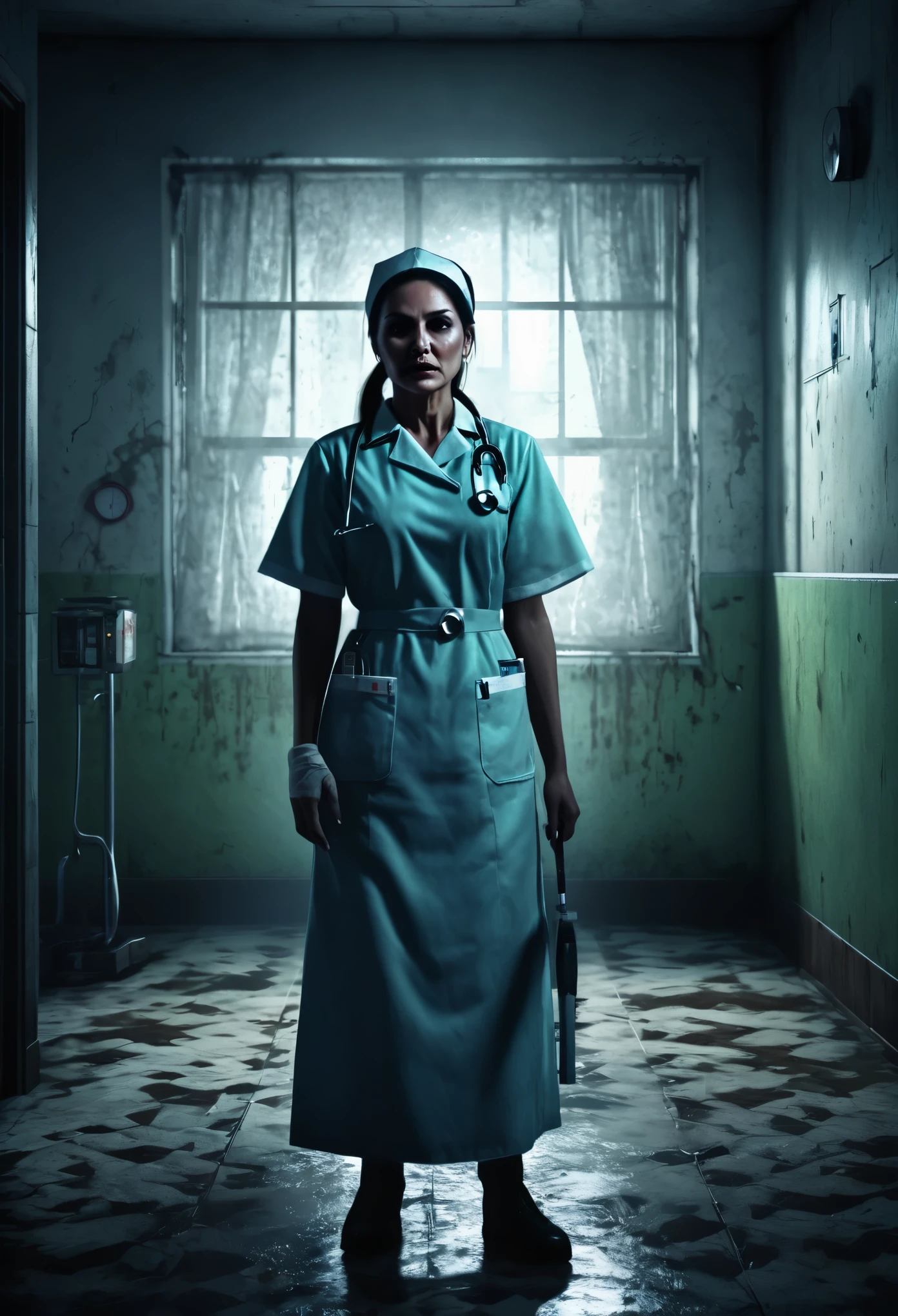 mexican nurse, old hospitals, scary atmosphere, horror games, epic realistic, intricate details, hyper detailed, cinematic, rim light, 
