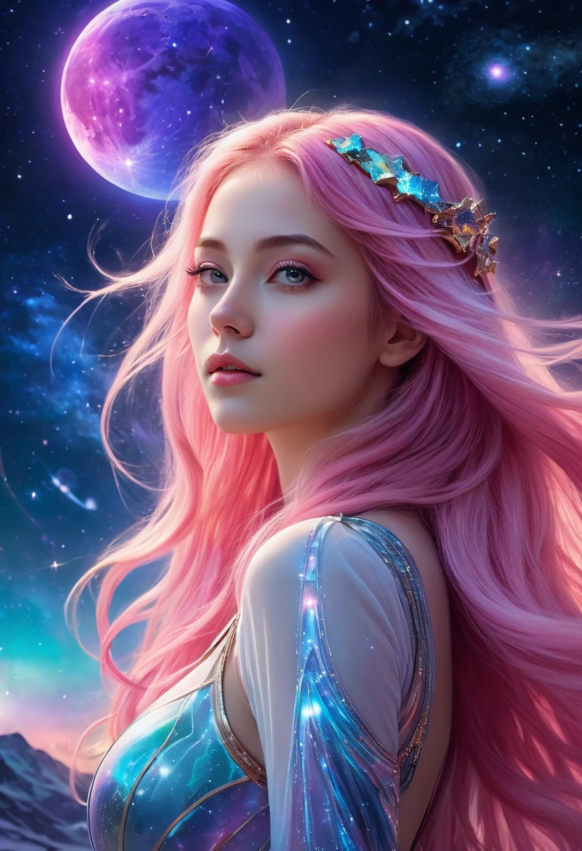 (Highest quality,4K,8k,High resolution,masterpiece:1.2),Very detailed,(Realistic,photoRealistic,photo-Realistic:1.37),Night Sky, Spiritual cosmic beings (Translucent woman:1.5), beautiful, Long Hair, Pink Hair, Straight Hair, 18-year-old, Cybertic, bangs, cyber punk, Fantasy, dream-like, Astronomical Diagram, 息を呑むほどbeautiful星空, Mysterious Galaxy, Sparkling constellations, Vivid nebulae, Swirling colors, Shining Moon, Shining Northern Lights, Fascinating Stardust, Otherworldly atmosphere, Heavenly brilliance, Infinite Expansion, Heavenly Beauty, Transcendent Existence, Seductive energy, celestial harmony, Heavenly Silence, Space Serenade, An ethereal whisper, Fascinating space dance, The Graciousness of God, Heavenly brilliance, space magic,