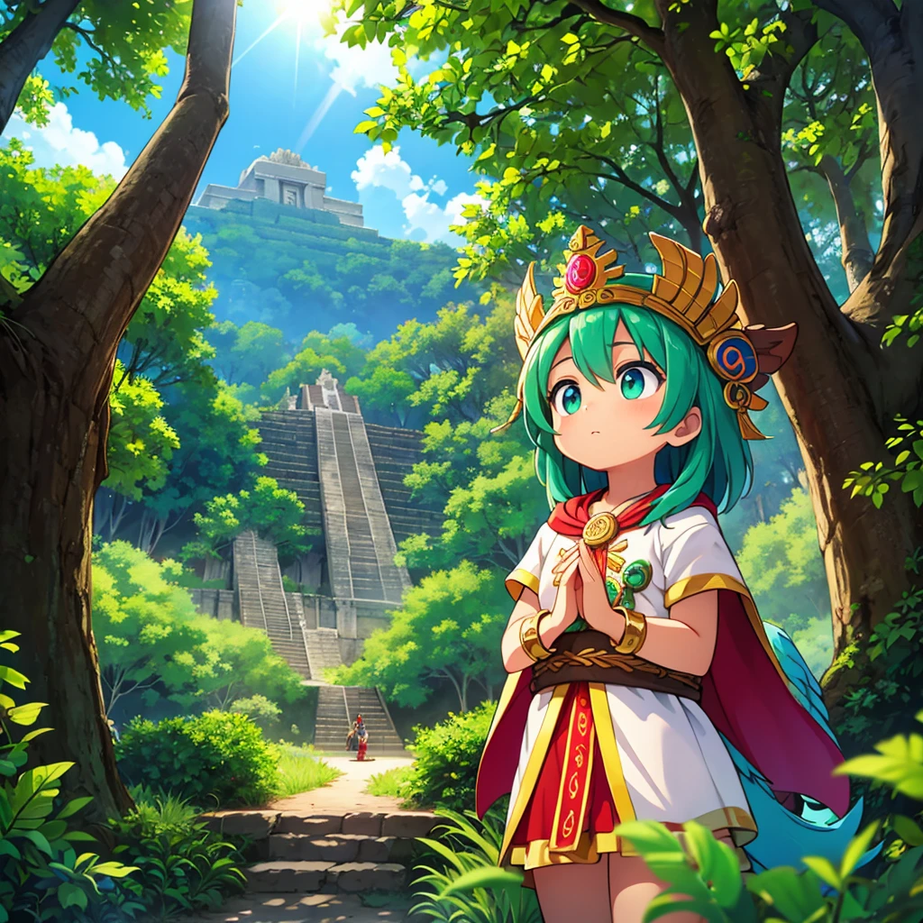 Childish, high quality、Very detailed、8Year、Mayan Aztec young priestess、Looking up at the flying god Quetzalcoatl Kukulkan and offering prayers、Chichen Itza Temple of the Sun in the Forest、mysterious、