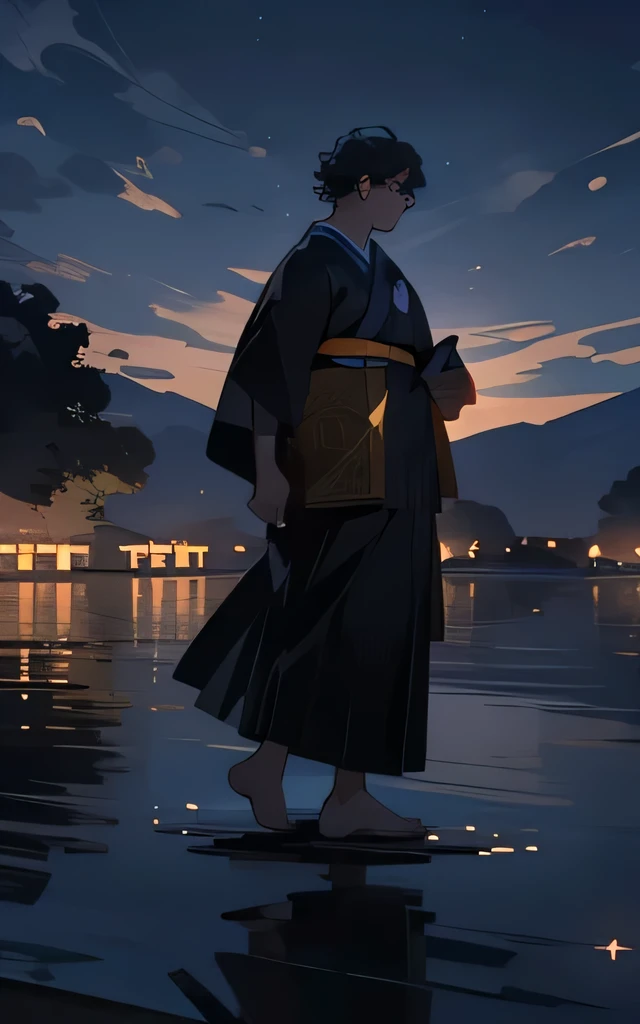 4. Lakeside in the moonlight:tranquil lake,Reflecting pure white moonlight,A man of 20 years old stands quietly by the lake,Silhouette of moonlight。((high detailed face)) ((Same eyes)) ((full body)) ((total black kimono))