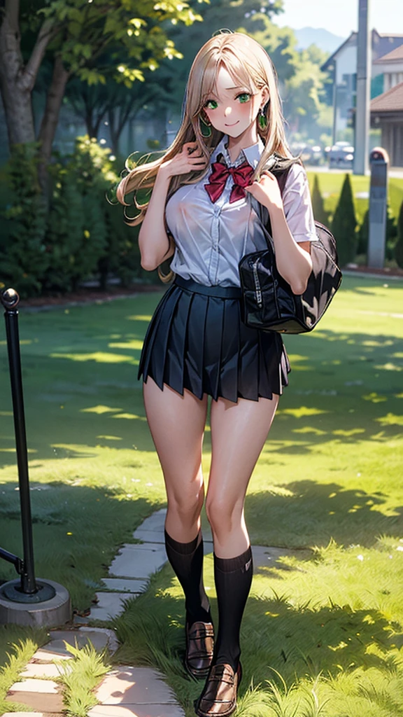(masterpiece:1.2, top-quality), (realistic, photorealistic:1.4), beautiful illustration, (natural side lighting, movie lighting),
looking at viewer, cowboy shot, front view:0.6, 1 girl, japanese, high school girl, perfect face, cute and symmetrical face, shiny skin,
(long hair:1.8, straight hair:1.7, light brown hair), parted bangs, emerald green eyes, long eye lasher, (large breasts:0.9, thick thighs),
beautiful hair, beautiful face, beautiful detailed eyes, beautiful clavicle, beautiful body, beautiful chest, beautiful thigh, beautiful legs, beautiful fingers,
((, white collared shirts, black pleated mini skirt, black socks, brown loafers, red bow tie)), break, hoop ring earrings, pink panties, dark blue school bag, violet cardigan, break,
(beautiful scenery), evening, riverside, walking, hands on chest, (lovely smile, upper eyes), A masterpiece, top quality, highest definition, 32K, one big dog, one beautiful woman. Platinum blonde, straight hair in one length. Slit eyes, green eyes, model like, beautiful,
shirt, mini tight skirt. In the grass of a meadow, a girl stands, slightly, legs open. A complete body. Perfect hands and legs.
Her face, bright red, flush and shy.
You can see her nipples standing out, even through her shirt. (The skirt is shorter than normal, but even so, it is a very short mini pleated skirt that almost reveals her panties.)The girl's hair is platinum blonde.
(The skirt is very short.) The girl's hair is brown.