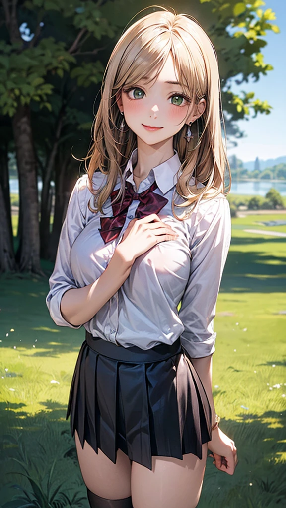 (masterpiece:1.2, top-quality), (realistic, photorealistic:1.4), beautiful illustration, (natural side lighting, movie lighting),
looking at viewer, cowboy shot, front view:0.6, 1 girl, japanese, high school girl, perfect face, cute and symmetrical face, shiny skin,
(long hair:1.8, straight hair:1.7, light brown hair), parted bangs, emerald green eyes, long eye lasher, (large breasts:0.9, thick thighs),
beautiful hair, beautiful face, beautiful detailed eyes, beautiful clavicle, beautiful body, beautiful chest, beautiful thigh, beautiful legs, beautiful fingers,
((, white collared shirts, black pleated mini skirt, black socks, brown loafers, red bow tie)), break, hoop ring earrings, pink panties, dark blue school bag, violet cardigan, break,
(beautiful scenery), evening, riverside, walking, hands on chest, (lovely smile, upper eyes), A masterpiece, top quality, highest definition, 32K, one big dog, one beautiful woman. Platinum blonde, straight hair in one length. Slit eyes, green eyes, model like, beautiful,
shirt, mini tight skirt. In the grass of a meadow, a girl stands, slightly, legs open. A complete body. Perfect hands and legs.
Her face, bright red, flush and shy.
You can see her nipples standing out, even through her shirt. (The skirt is shorter than normal, but even so, it is a very short mini pleated skirt that almost reveals her panties.)The girl's hair is platinum blonde.
(The skirt is very short.) The girl's hair is brown.