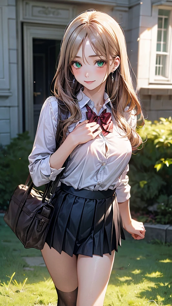 (masterpiece:1.2, top-quality), (realistic, photorealistic:1.4), beautiful illustration, (natural side lighting, movie lighting),
looking at viewer, cowboy shot, front view:0.6, 1 girl, japanese, high school girl, perfect face, cute and symmetrical face, shiny skin,
(long hair:1.8, straight hair:1.7, light brown hair), parted bangs, emerald green eyes, long eye lasher, (large breasts:0.9, thick thighs),
beautiful hair, beautiful face, beautiful detailed eyes, beautiful clavicle, beautiful body, beautiful chest, beautiful thigh, beautiful legs, beautiful fingers,
((, white collared shirts, black pleated mini skirt, black socks, brown loafers, red bow tie)), break, hoop ring earrings, pink panties, dark blue school bag, violet cardigan, break,
(beautiful scenery), evening, riverside, walking, hands on chest, (lovely smile, upper eyes), A masterpiece, top quality, highest definition, 32K, one big dog, one beautiful woman. Platinum blonde, straight hair in one length. Slit eyes, green eyes, model like, beautiful,
shirt, mini tight skirt. In the grass of a meadow, a girl stands, slightly, legs open. A complete body. Perfect hands and legs.
Her face, bright red, flush and shy.
You can see her nipples standing out, even through her shirt. (The skirt is shorter than normal, but even so, it is a very short mini pleated skirt that almost reveals her panties.)The girl's hair is platinum blonde.
(The skirt is very short.) The girl's hair is brown.
