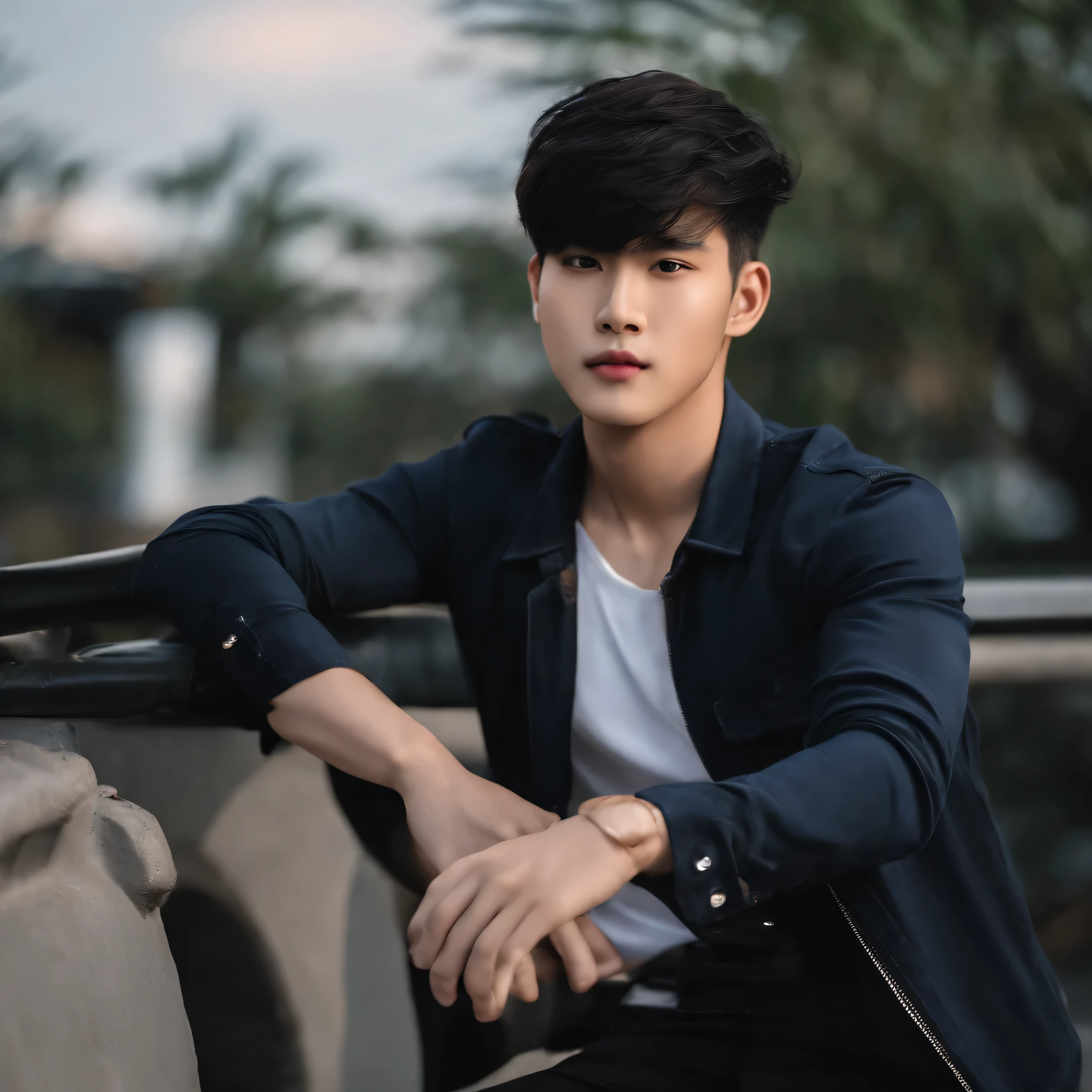 A handsome and cute asian boy with white skin tone, black stylish hair, light pinkblip dressed in black shirt open showing abs in blue jeans pant full pic