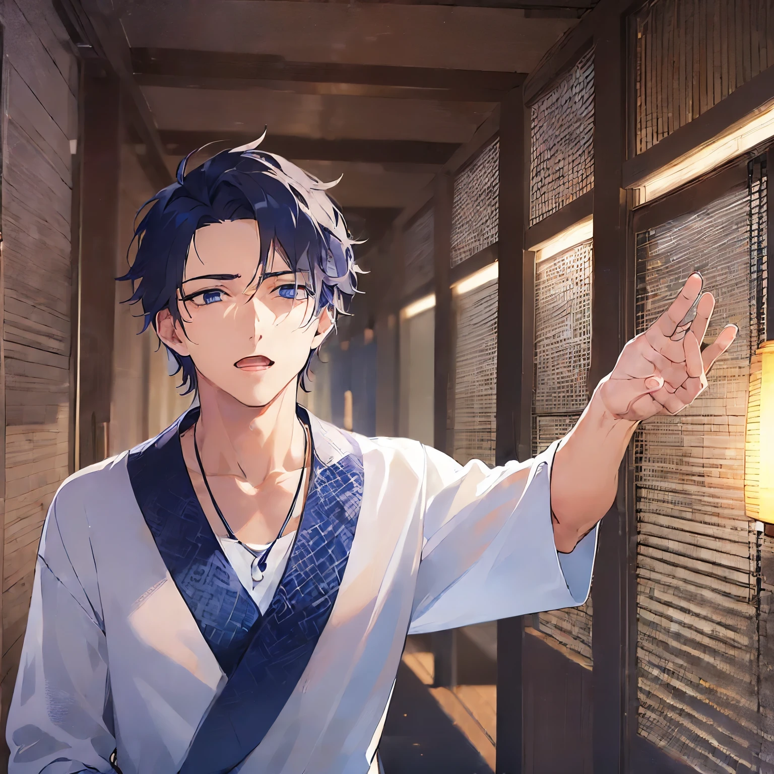 (25-year-old male:2) and(Black short hair) and (blue eyes), (looking away:1.5), upper body、outstretched arms, outstretched hand,、Shooting from below、
masterpiece、Highest quality、
(Blue) and (yukata),(Serious:1.5),open mouth,The background is a Japanese-style corridor at night,