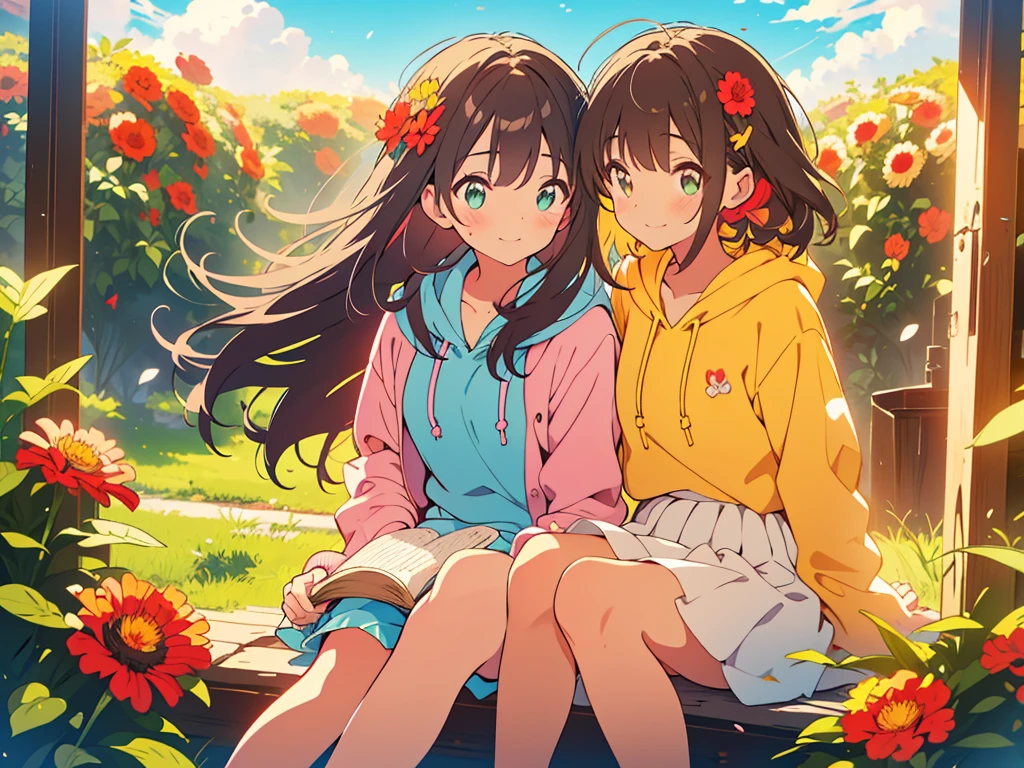 kawaii, anime, Cute, hyper quality, highly detailed, 8k, Clarity, Draw facial expressions in detail, A girl with long dark brown hair winks, Zinnia, colorful zinnia flower field, highlight on eyes, Moe sleeves, smile, clear sky, The wind passes through, Flowers waving in the wind, Colorful zinnia petals dance in the sky, wave one hand, Sit with one leg extended and your knees raised, A pile of books on my back, reading in the meadow, red zinnia, yellow zinnia, white zinnia, pink zinnia, wearing a short-sleeved hoodie, skirt, Books scattered around, sit, The expression is a wink, A cluster of colorful zinnias grows, The flowers are wet with morning dew and shine, A bird flaps its wings in the sky, Thank you for waving, The color of the open eyes is green, upward glance, wave one's hands, wave hands, Zinnia bookmark, Pressed zinnia flower bookmark, holding a book, green eyes, clouds running, parabola in the sky, close one eye, Draw only one person, celebration, Congratulations !, put on a hoodie, wear a small crown,