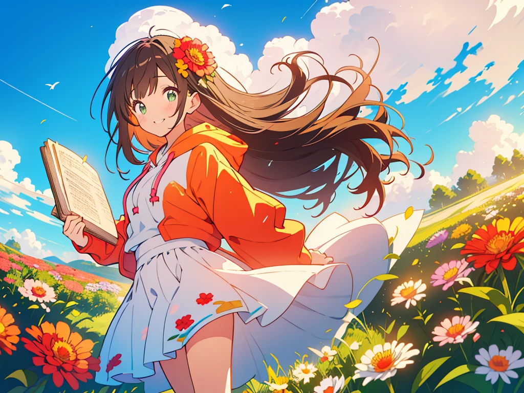 kawaii, anime, Cute, hyper quality, highly detailed, 8k, Clarity, Draw facial expressions in detail, A girl with long dark brown hair winks, Zinnia, colorful zinnia flower field, highlight on eyes, Moe sleeves, smile, clear sky, The wind passes through, Flowers waving in the wind, Colorful zinnia petals dance in the sky, wave one hand, Sit with one leg extended and your knees raised, A pile of books on my back, reading in the meadow, red zinnia, yellow zinnia, white zinnia, pink zinnia, wearing a short-sleeved hoodie, skirt, Books scattered around, sit, The expression is a wink, A cluster of colorful zinnias grows, The flowers are wet with morning dew and shine, A bird flaps its wings in the sky, Thank you for waving, The color of the open eyes is green, upward glance, wave one's hands, wave hands, Zinnia bookmark, Pressed zinnia flower bookmark, holding a book, green eyes, clouds running, parabola in the sky, close one eye, Draw only one person, celebration, Congratulations !, put on a hoodie, wear a small crown,