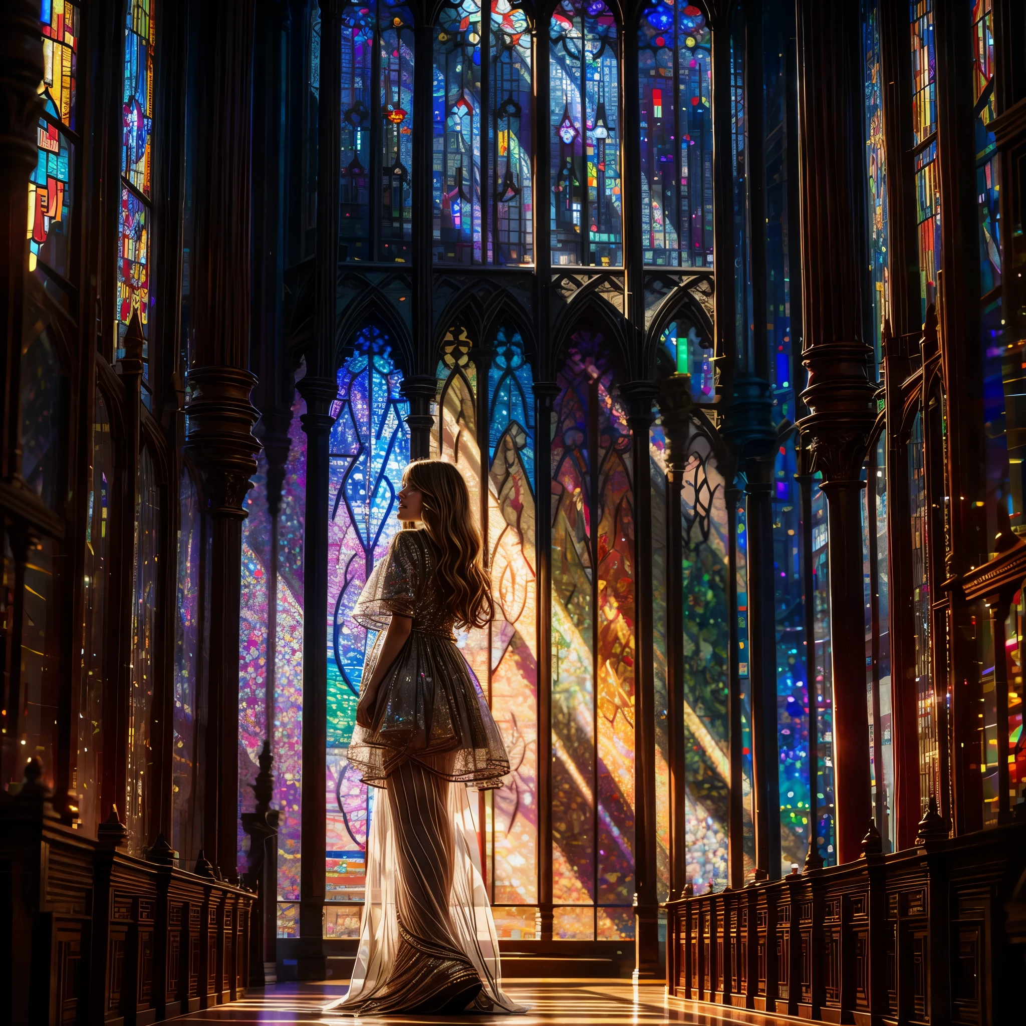 Red carpet (Cathedral from below:1.28) VolumetricLighting (FullBody ZoomedOut:1.28 Wide-shot) ZoomLayer (BokeH:1.32), TopQuality 8K masterpiece of ((Professional photo)), (((Clarisse de Cagliostro))) (Detailed Delicate White Dresses), Chain, Extremely detailed (KAWAII face) {(VeiledFace)|BlondeHair|(Spanking BuleEyes)}, The background is distant (((Elaborate stained glass))) Rainbow Glass, (MysticSight) {(GodRays)|Haze|TyndallEffect}, Radiant PearlSkin with Transparency, (Exposed:0.38)