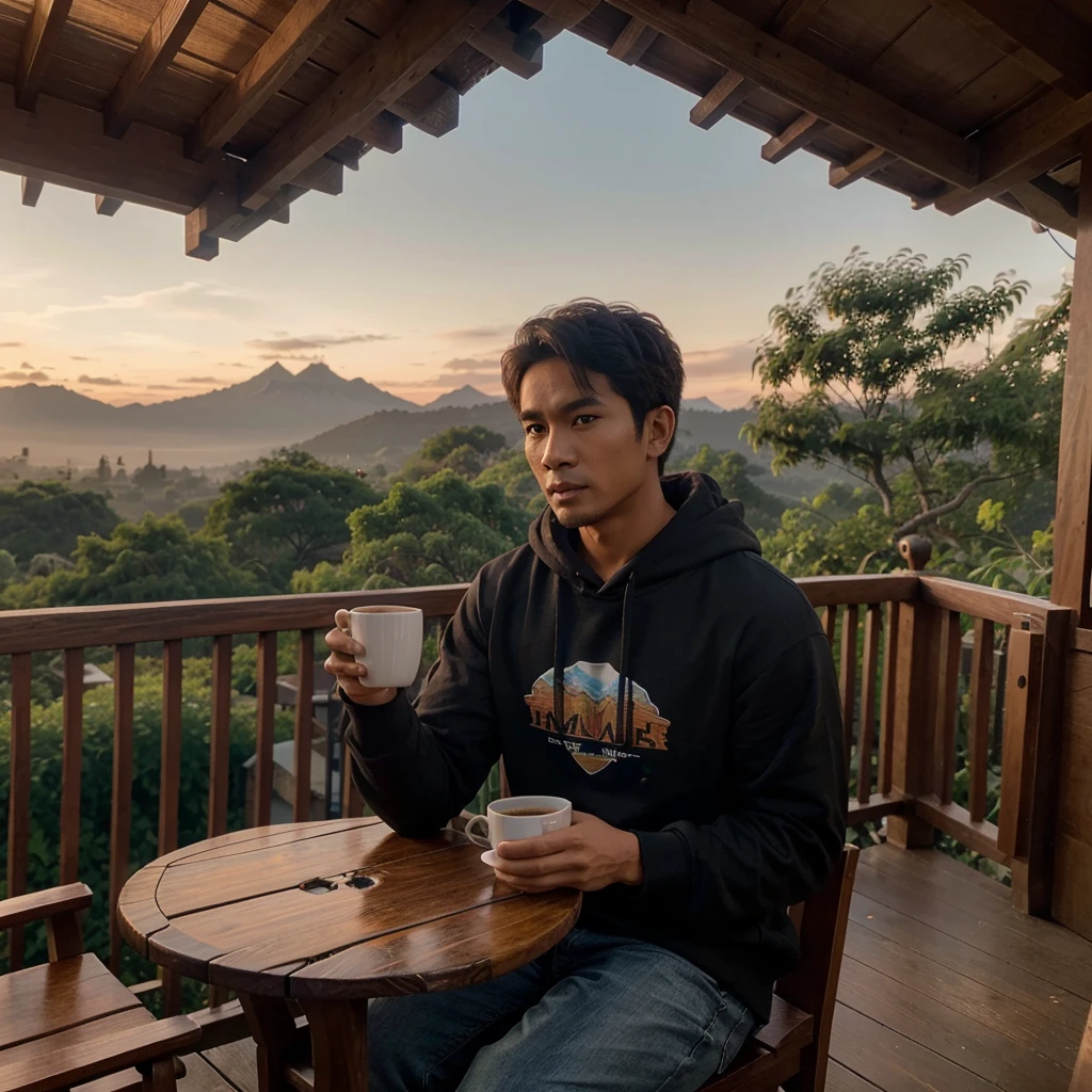 Craft a mesmerizing scene in super HD quality, portraying a 28-year-old Indonesian hansome man,wearing a black hoodie with "DARA" written in aesthetic font. He's seated on a treehouse porch, enjoying a cup of coffee on a wooden table against the backdrop of breathtaking mountains, waterfalls, and flocks of birds fluttering and perching on trees under the warm glow of the reddish sunset.