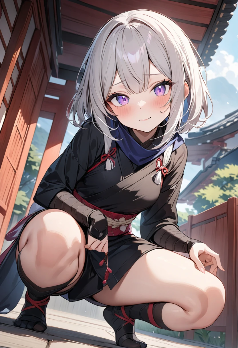(masterpiece, top quality, very aesthetic, 4k、illustration), intricate detail, 1woman,squatting 、(cowboy shot)、(),Cute 、clear face、Random Hair Color、,middle hair,sidelock ,Random Color eyes、ninja clothes、small breasts、Slim 、