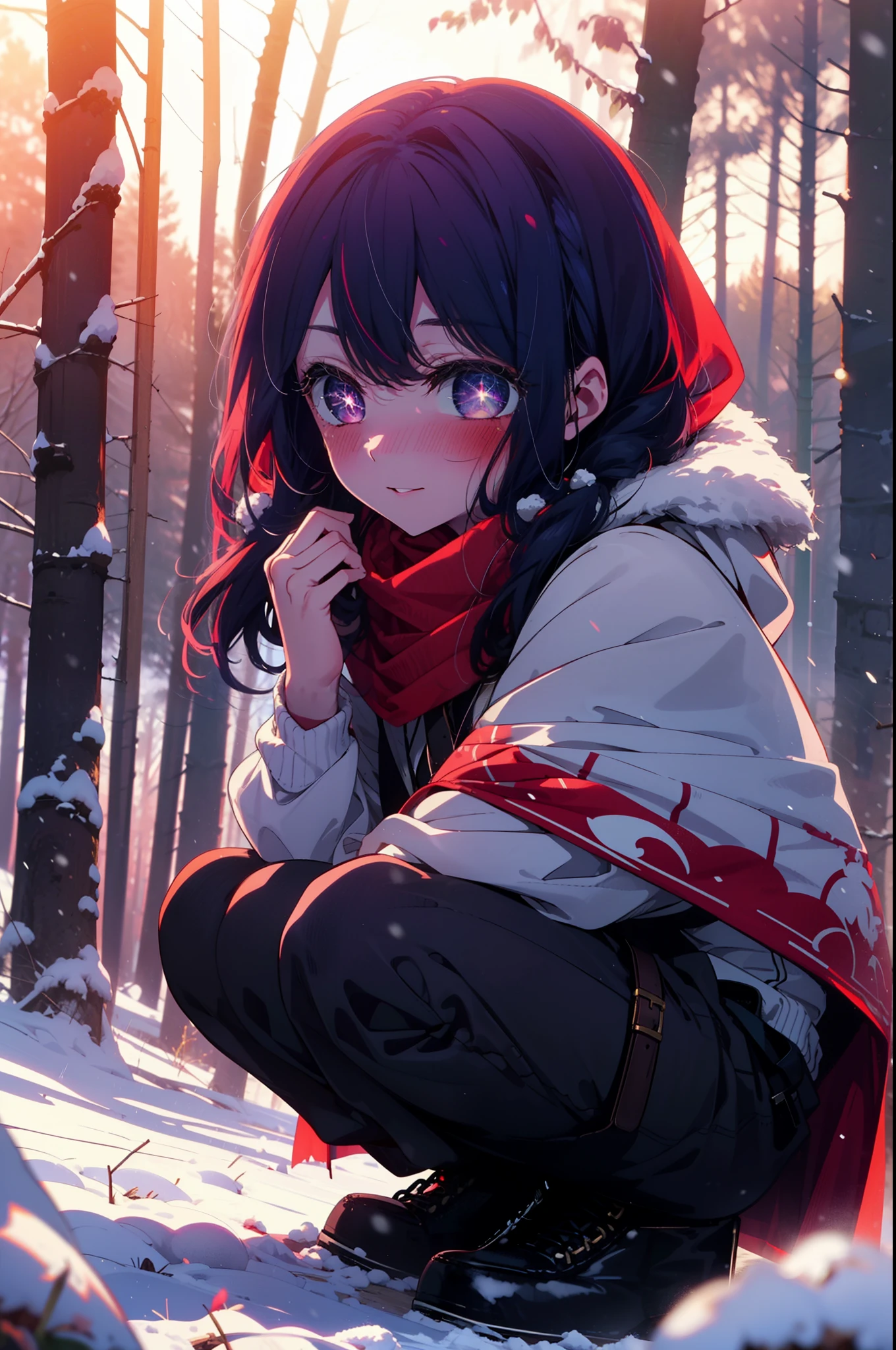 aihoshino, Ai Hoshino, Long Hair, bangs, (Purple eyes:1.1), Purple Hair, (Symbol-shaped pupil:1.5), smile,,smile,blush,white breath,
Open your mouth,snow,Ground bonfire, Outdoor, boots, snowing, From the side, wood, suitcase, Cape, Blurred, , forest, White handbag, nature, Squat, Mouth closed, Cape, winter, Written boundary depth, Black shoes, red Cape break looking at viewer, Upper Body, whole body, break Outdoor, forest, nature, break (masterpiece:1.2), Highest quality, High resolution, unity 8k wallpaper, (shape:0.8), (Beautiful and beautiful eyes:1.6), Highly detailed face, Perfect lighting, Highly detailed CG, (Perfect hands, Perfect Anatomy),