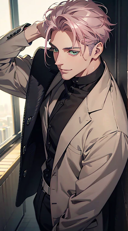 a mature man with short grey pink hair, green eyes, 31 years, and a perfect face, smiling in love, CEO, cinematic lighting, 1:4 HDR image, top view, ultra detailed, best quality, masterpiece, 8K, photorealistic, beautiful image