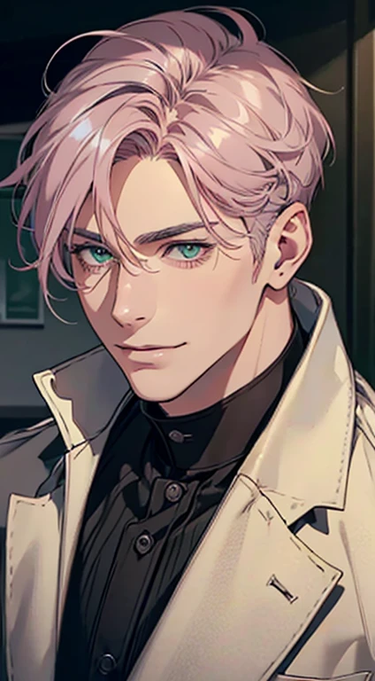 a mature man with short grey pink hair, green eyes, 31 years, and a perfect face, smiling in love, CEO, cinematic lighting, 1:4 HDR image, top view, ultra detailed, best quality, masterpiece, 8K, photorealistic, beautiful image