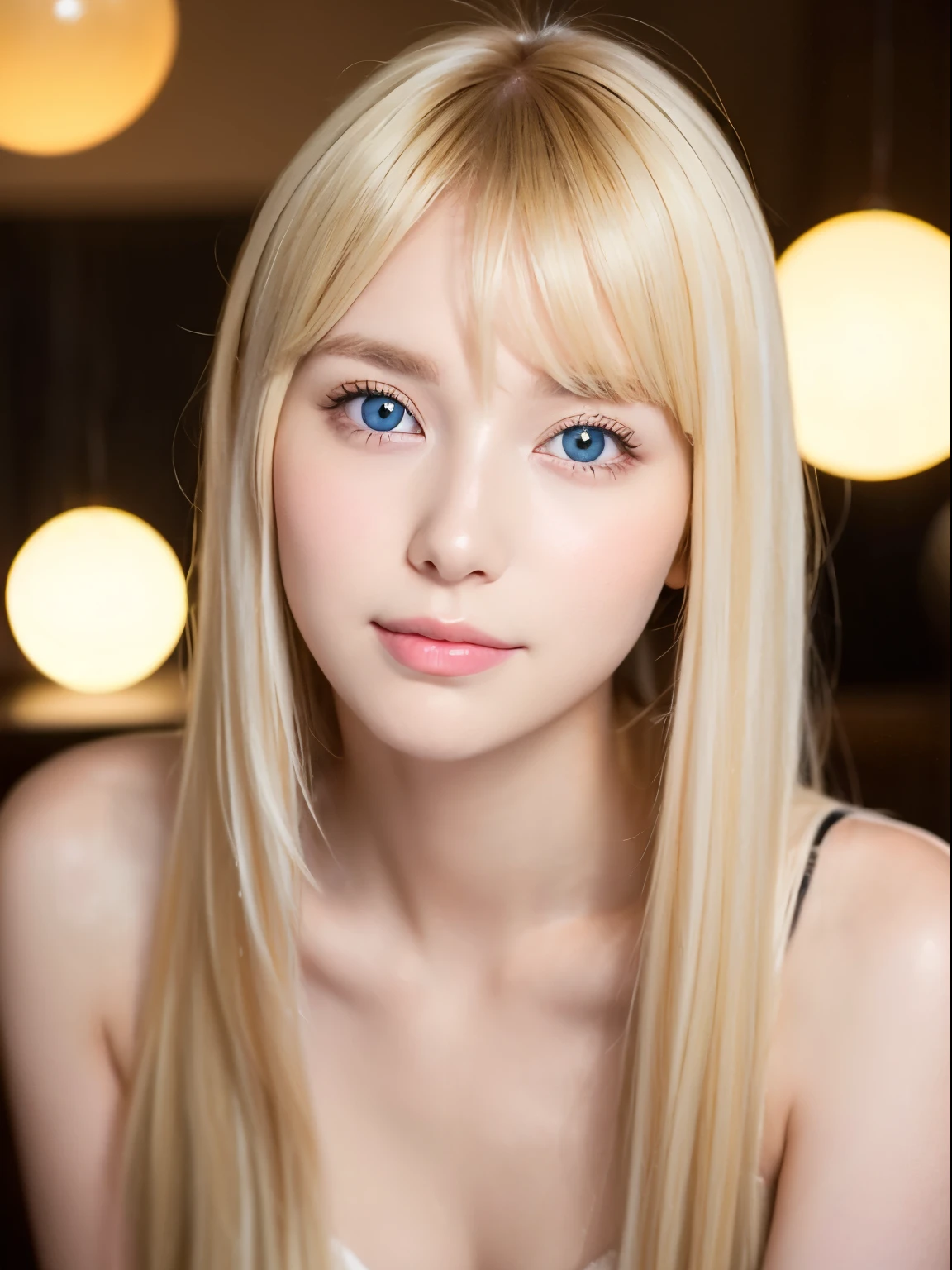 Beautiful glowing white skin、Blonde hair changes color depending on how the light hits it...、Long golden bangs obstruct the view、Cheek gloss highlighter、Gloss Face、Sexy and very beautiful, Nice, cute, Gorgeous face、The most beautiful face in the world、The most beautiful super long blonde hair in the world、Shiny and smooth long straight hair、Glowing pale light blue eyes, Big eyes、lighting equipment、Beautiful pony、Beautiful 20 year old Swedish girl、Young characteristics、Small Face Beauty、Round face