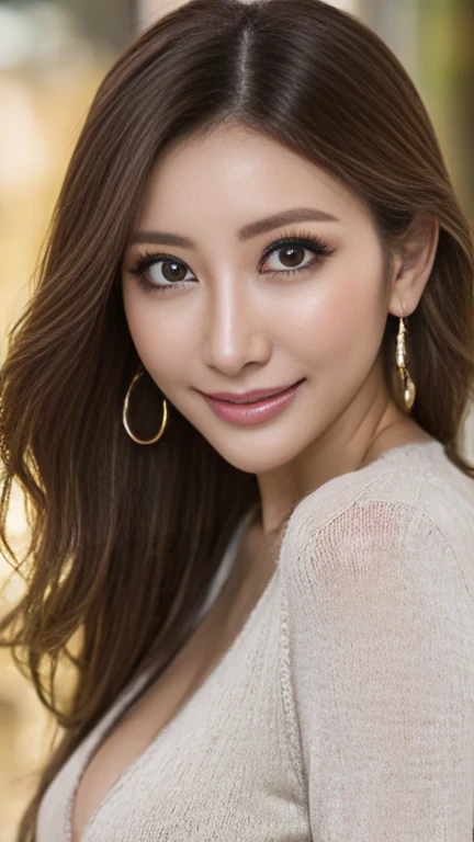 (Cowboy Shot、Highest quality、8k、Award-winning works、Ultra-high resolution)、One beautiful woman、(perfection, The most natural grey long sleeve sweater:1.1)、Bright color contacts、perfection Makeup、Bright and shiny lipstick、(Very heavy makeup:1.2)、Beautiful bright eyeshadow、(Big Breasts:1.2)、short hair,(brand:1.3)、(Romantic affection:1.1)、私を見た時の最高のsmile、(Many of them emphasize the body line...:1.1)、(Strongly blurred vibrant Harajuku city background:1.1)、(Strongly blurred background:1.1)、Accurate anatomy、Ultra HD Hair、(Ultra-high resolutionのperfectionな美しい歯:1.1)、Ultra-high definition beauty face、Ultra HD Hair、Ultra HD Shining Eyes、輝くUltra-high resolutionの美肌、Ultra-high resolutionの艶やかな唇,smile