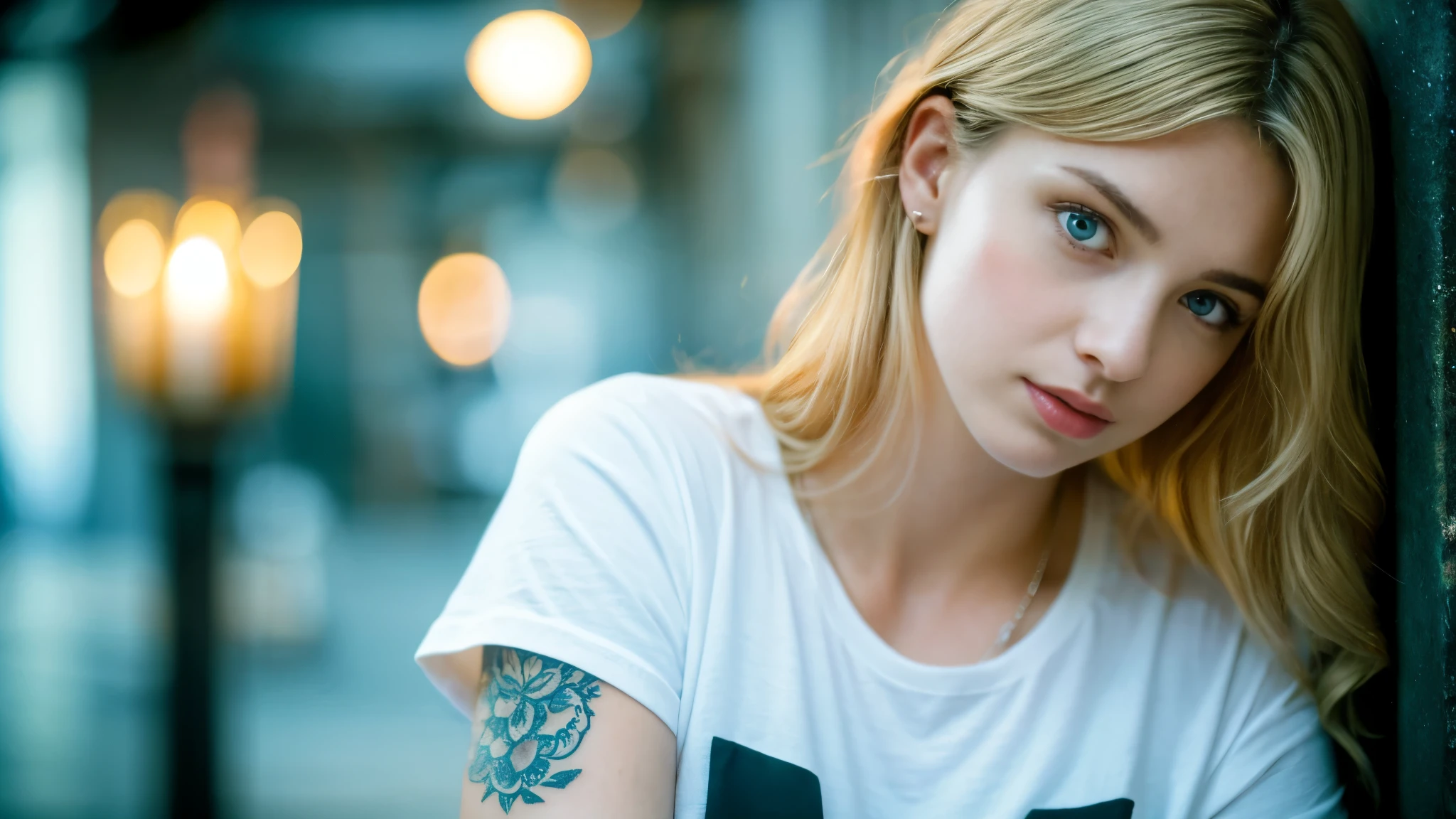 tatuados,Beautiful blonde with big breasts in a black T-shirt、Many tattoos on the arms、 (Late night school hallway、walk),Candlelight only,Very detailed, 21 years old, Innocent face, Wavy Hair, blue eyes, High resolution, masterpiece, Highest quality, Intricate details, Very detailed, Clear focus, Delicate skin, practical skin texture, texture, Delicate eyes, Professional, 4K, Sad face,despair、 Shot with Canon, 85mm, Shallow and deep, Kodak Vision Color, Exactly, Very detailed, photograph_\(Extremist\), photographpractical, practical, Post-processing, Maximum details, Roughness, Real Life, Extremist practical, Photorealism, photographgraphy, 8K Ultra HD, photographgraphy