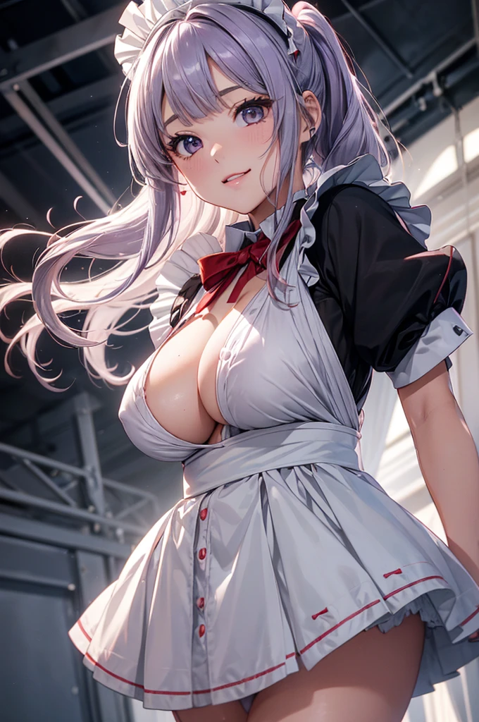 Absurd, Super detailedな,(In 8K:1.3),Masseter muscle area,(masterpiece:1.2)、(Highest quality)、4K、Super detailed、(Movement Structure:1.4)、(Shining Lights、Atmosphere lighting), High resolution, Best Quality、(One girl:1.4),Super detailedな,Bright colors、Treebreak Production Art、(Warm color light source:1.2),High-level image quality、Fine image quality、Intricate details,Volumetric Lighting,Realism BREAK、Profile、 Idol face、、Very beautiful face and eyes, Beautiful images、natural make up、 big eyes,、 (shoot from below:1.3)、 (to lift up one’s skirt:1.4)、(breast grab:1.2)、 (Big Tits:1.3)、(curvy body:1.2)、(glossy skin :1.5)、(Baby Face:1.5)、 (white background:1.4)、 (Light purple hair、blunt bangs、long hair、wavy hair、ponytail、Ahoge、Red ribbon:1.2)、 (detailed clothes featureiniskirt Maid:1.4)、cleavage、 (smirk:1.2),