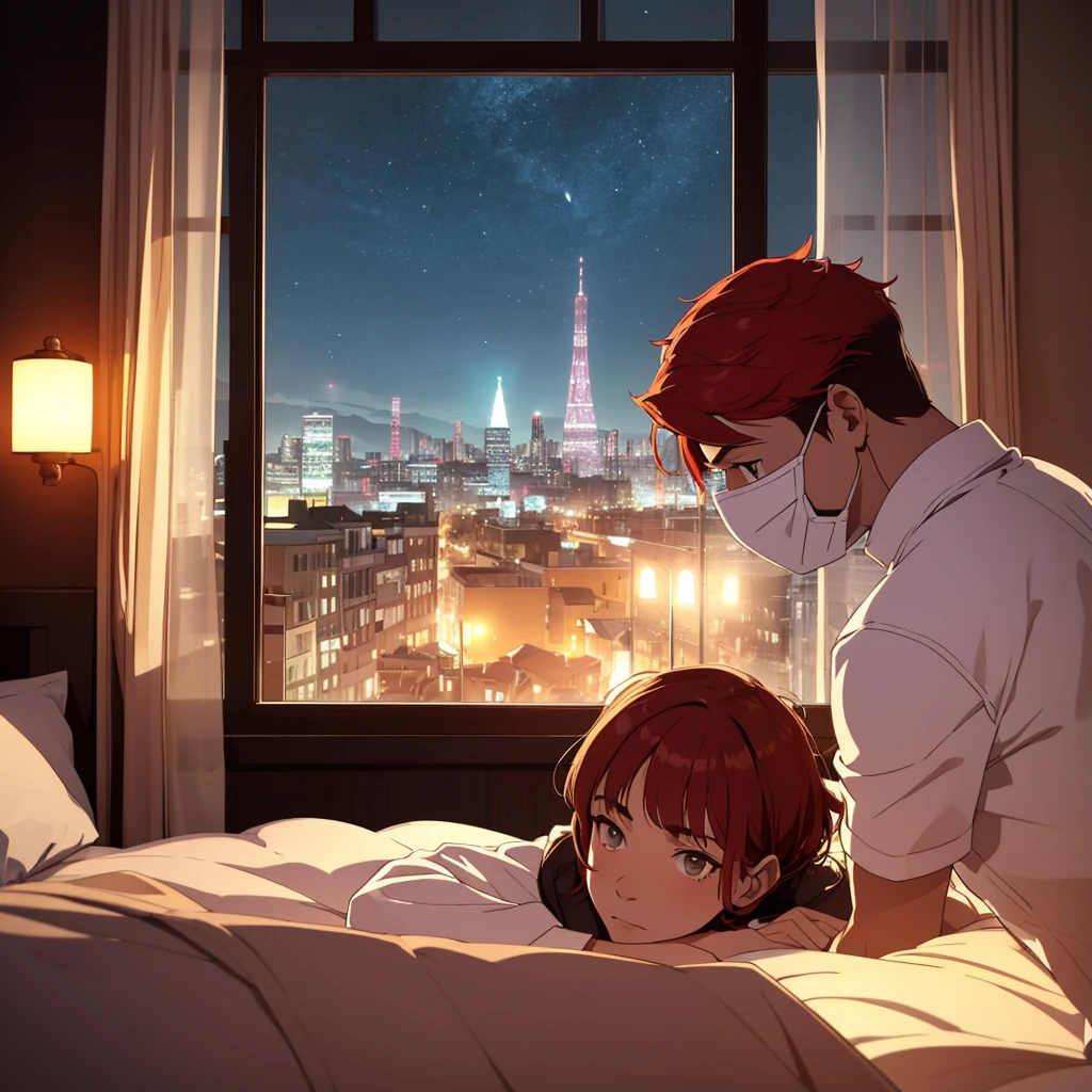 a boy with his face covered by straight bangs lying on his bed, next to his mother, a short woman with red hair. looking out the window at the lights in the city center in the distance.