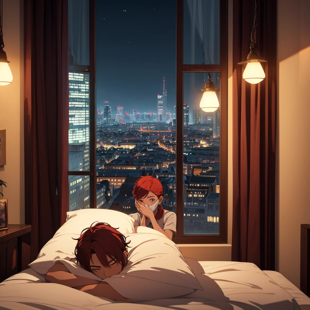 a boy with his face covered by straight bangs lying on his bed, next to his mother, a short woman with red hair. looking out the window at the lights in the city center in the distance.