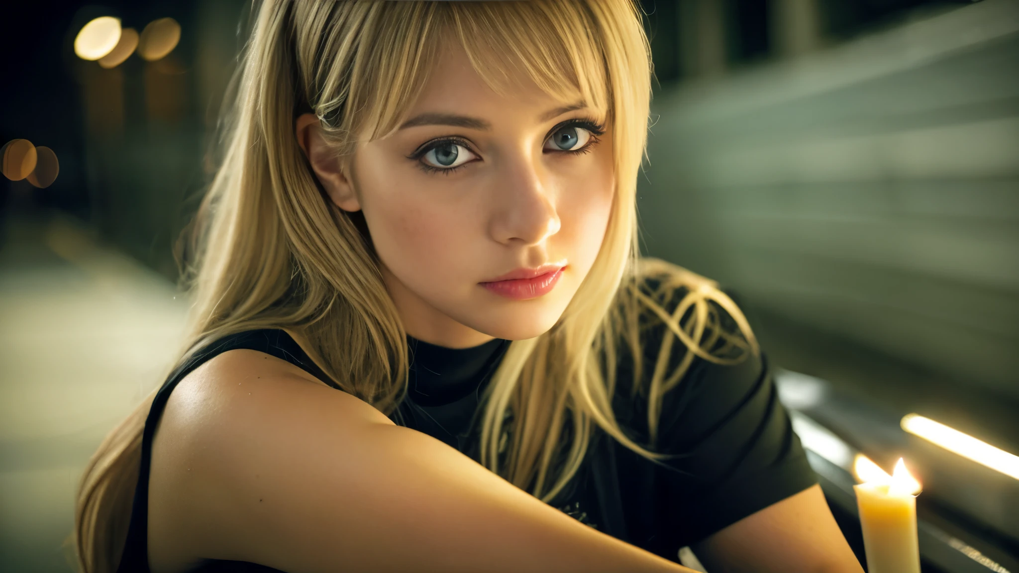 tatuados,Beautiful blonde with big breasts in a black T-shirt、Many tattoos on the arms、 (Late night school hallway、walk),Candlelight only,Very detailed, 21 years old, Innocent face, Wavy Hair, blue eyes, High resolution, masterpiece, Highest quality, Intricate details, Very detailed, Clear focus, Delicate skin, practical skin texture, texture, Delicate eyes, Professional, 4K, Sad face,despair、 Shot with Canon, 85mm, Shallow and deep, Kodak Vision Color, Exactly, Very detailed, photograph_\(Extremist\), photographpractical, practical, Post-processing, Maximum details, Roughness, Real Life, Extremist practical, Photorealism, photographgraphy, 8K Ultra HD, photographgraphy