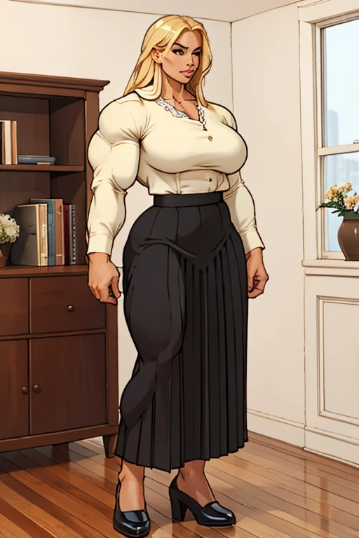 fullbody view, cute lovely very sensual woman standing in a living room, awesome feminine body of absolute perfection, blouse and long pleated skirt, ankle-long skirt, stunningly breathtakingly beautiful female bodybuilder with enormous bulky musculature, perfect muscle definition, no body fat, very long blonde hair, large round breasts