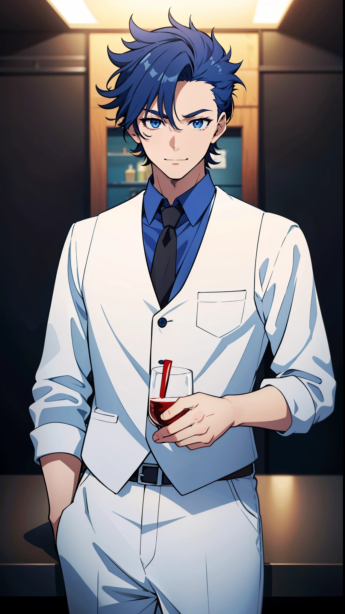 anime boy, bartender, mouth agape, mouth open, shock, holding glass, smiling, dark blue hair, blue eyes, red clothes, white shirt, (beautiful and aesthetic:1. 5), thick black lineart, clean lineart, perfect lineart, moody lighting, gritty, intense, sharp lineart, best quality, high quality, best quality, ultra-detailed, saturated colours, HD,