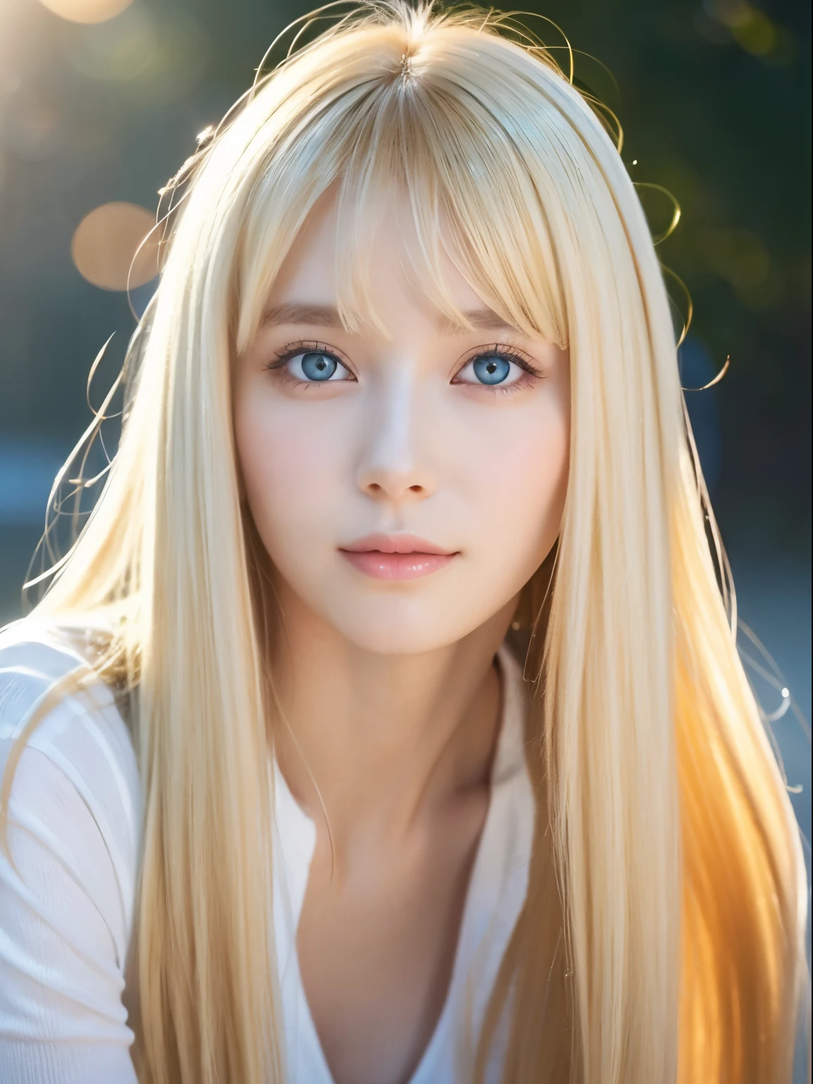 Beautiful glowing white skin、Blonde hair changes color depending on how the light hits it...、Long golden bangs obstruct the view、Cheek gloss highlighter、Gloss Face、Sexy and very beautiful, Nice, cute, Gorgeous face、The most beautiful face in the world、The most beautiful super long blonde hair in the world、Shiny and smooth long straight hair、Glowing pale light blue eyes, Big eyes、lighting equipment、Beautiful pony、Beautiful 20 year old Swedish girl、Young characteristics、Small Face Beauty、Round face