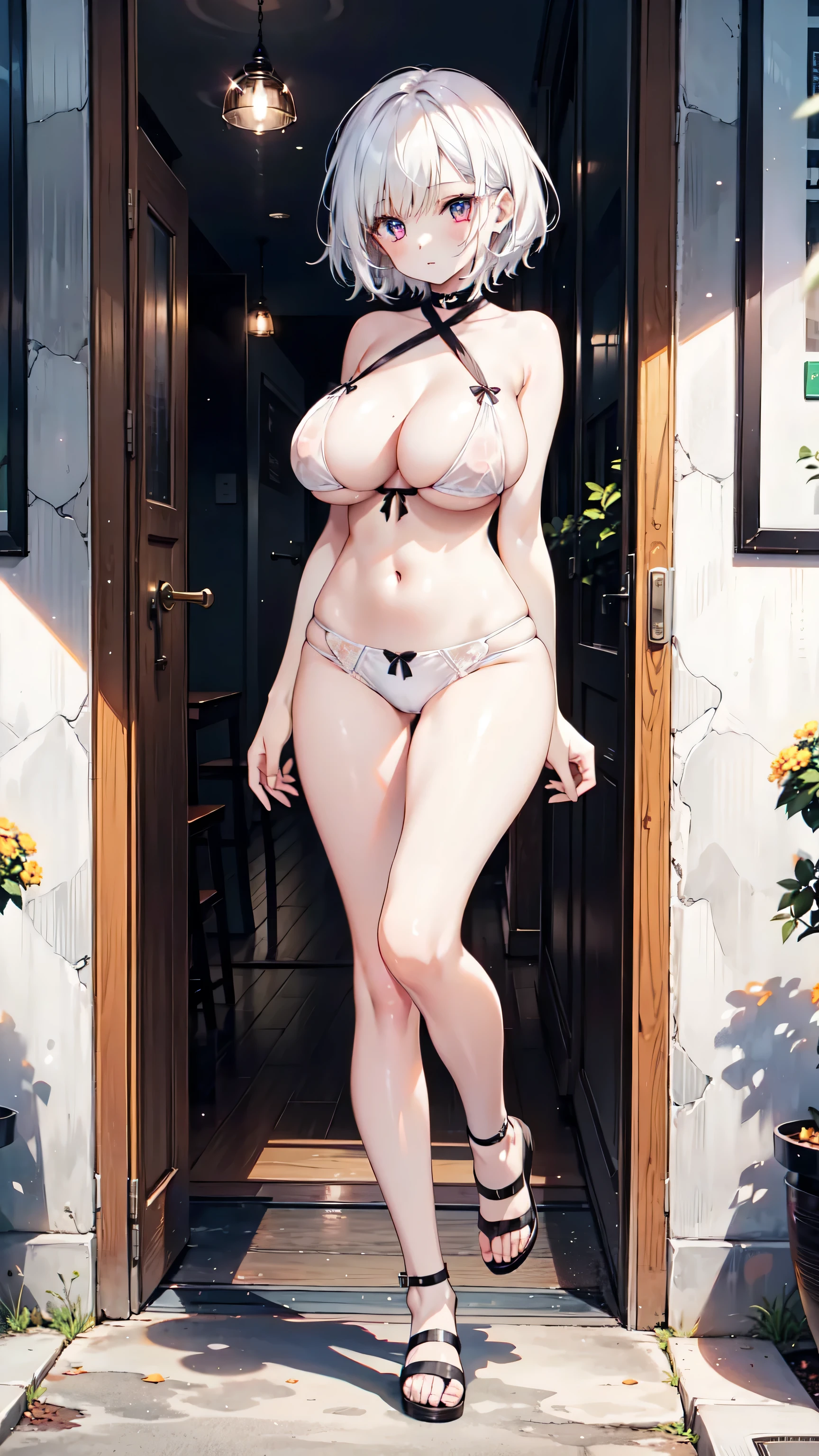 1 female,Attractive anime girl,whole body portrait,whole body,White lingerie,White short hair,Pale skin、Pale skin、Big ,较Big ,White sandals,