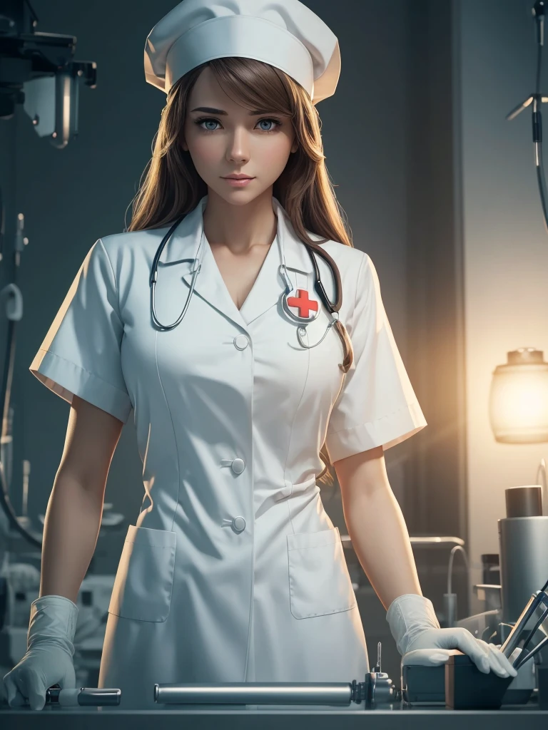The perfect anatomical structure of a young and beautiful female nurse,Wearing a white coat,,Wearing a nurse's hat,Wearing medical gloves in operating room,Hands holding surgical tools. There are many medical surgical instruments in the background. Complex style work with large depth of field and cinematic processing., Cinematic mood lighting creates dramatic effect Highly detailed structure digital art, high detail, High quality animation style