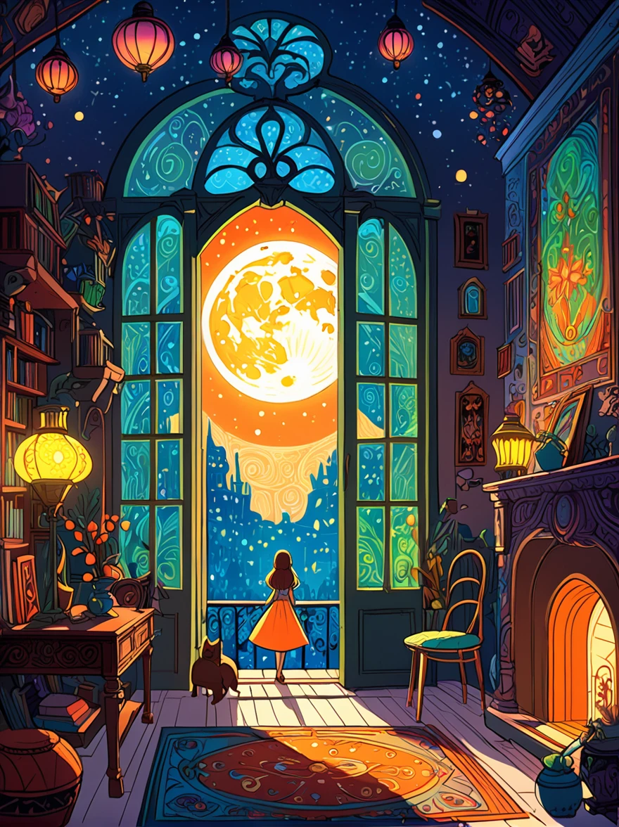 Cartoon hand drawn, Romantic ancient style,night,Backlight,A whimsical scene of moonbeams creating a luminous path through Luna's window, filling her room with a magical light,Alexander,repeat,Fresh colors,Soft colors,Diode lamp,Concept art style,extremely intricate details,Clear distinction between light and dark,Layering,Ultra high quality, Magical naive art,Bright blue and green,The color palette is in red, orange and black tones and has a sketchy style, The background should have a simple hand-drawn doodle pattern, 1shxx1