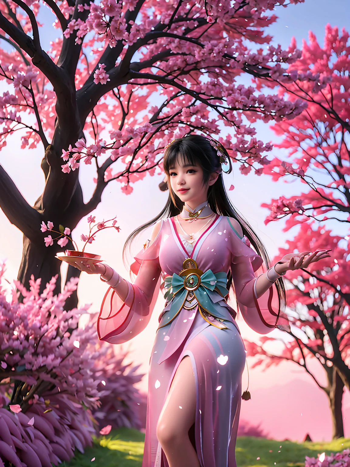 Daji in the Cherry Blossom Forest：
Daji stands in a forest full of cherry blossoms，Wearing a pink kimono，Wearing cherry blossom hair accessories。A breeze blows，Cherry blossom petals falling，She gently raised the fan in her hand，Smiling。The background is a blue sky and a row of cherry blossom trees，A scene of peace and tranquility。