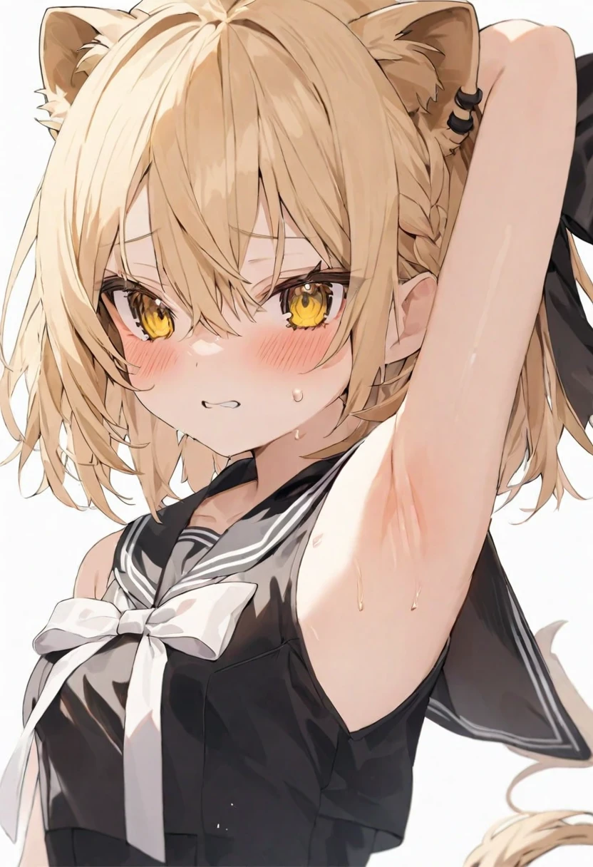 (muste piece), (best quality), (score_9, score_8_up, score_7_up), very detailed eyes, expressive eyes, perfect face, very detailed face, highly detailed face, beautiful girl, 8K, beautiful girl, white background, delicate and beautiful face and eyes, dark intense shadow, 1 girl, vtuber style, cool girl, hololive, vtuber, rurudo_lion, blond lion ears, blond lion tail, blond hair, short hair, blond eyes, hair between eyes, Berets, Sailor suit, sleeveless suit, short skirt, bow, arm up, armpit, small chest, clavicle, shy expression, blush, (upper body), sweating, from back side, armpit close up, armpit focus,
