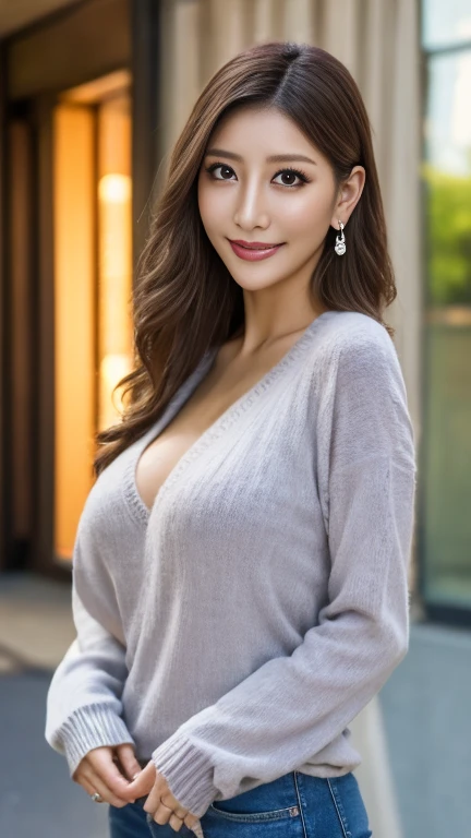 (Cowboy Shot、Highest quality、8k、Award-winning works、Ultra-high resolution)、One beautiful woman、(perfection, The most natural grey long sleeve sweater:1.1)、Bright color contacts、perfection Makeup、Bright and shiny lipstick、(Very heavy makeup:1.2)、Beautiful bright eyeshadow、(Big Breasts:1.2)、short hair,(brand:1.3)、(Romantic affection:1.1)、私を見た時の最高のsmile、(Many of them emphasize the body line...:1.1)、(Strongly blurred vibrant Harajuku city background:1.1)、(Strongly blurred background:1.1)、Accurate anatomy、Ultra HD Hair、(Ultra-high resolutionのperfectionな美しい歯:1.1)、Ultra-high definition beauty face、Ultra HD Hair、Ultra HD Shining Eyes、輝くUltra-high resolutionの美肌、Ultra-high resolutionの艶やかな唇,smile