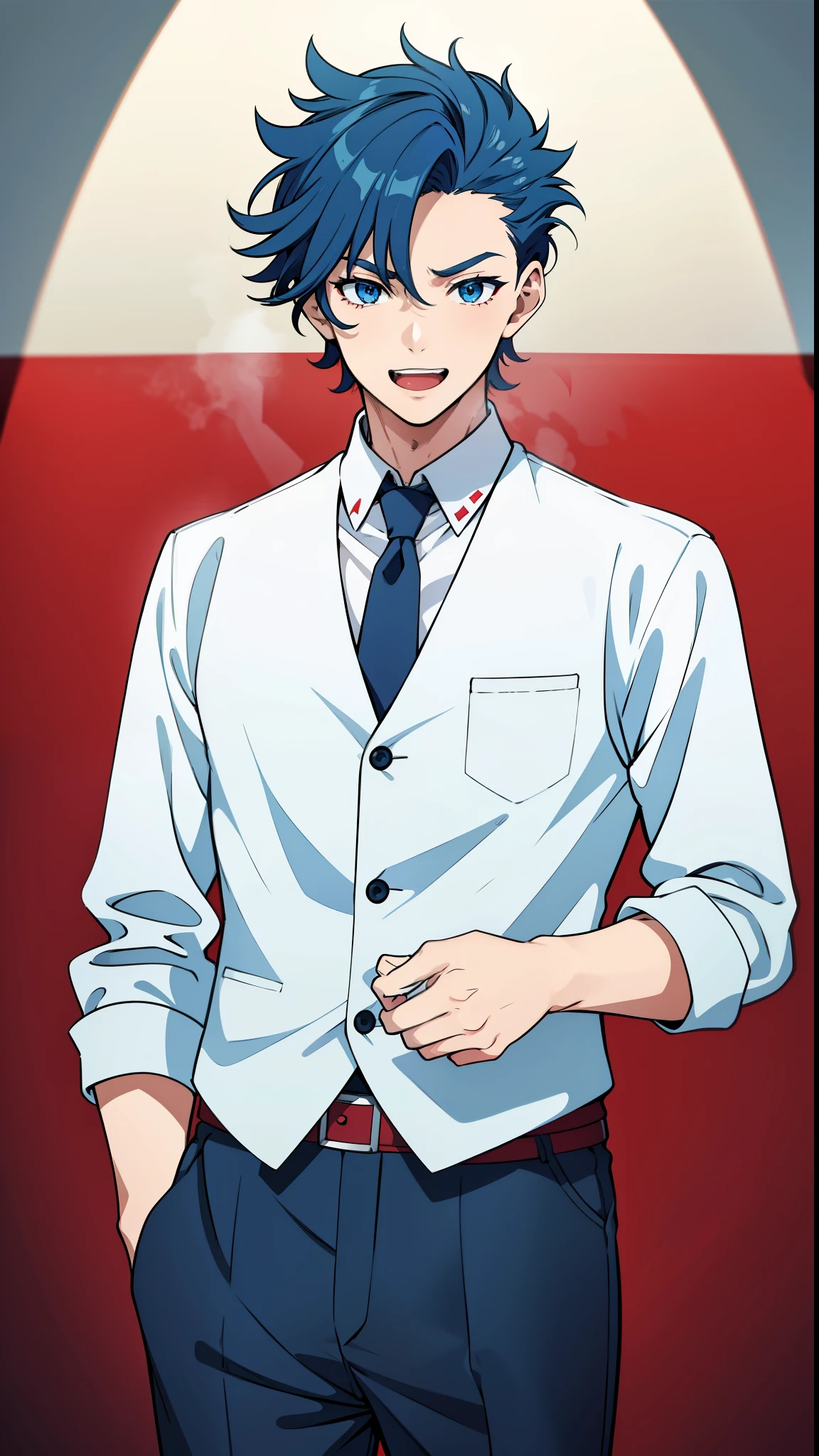 anime boy, mouth open, teeth, open mouth, yawn, holding glass, smiling, dark blue hair, blue eyes, red clothes, white shirt, (beautiful and aesthetic:1. 5), thick black lineart, clean lineart, perfect lineart, moody lighting, gritty, intense, sharp lineart, best quality, high quality, best quality, ultra-detailed, saturated colours, HD,