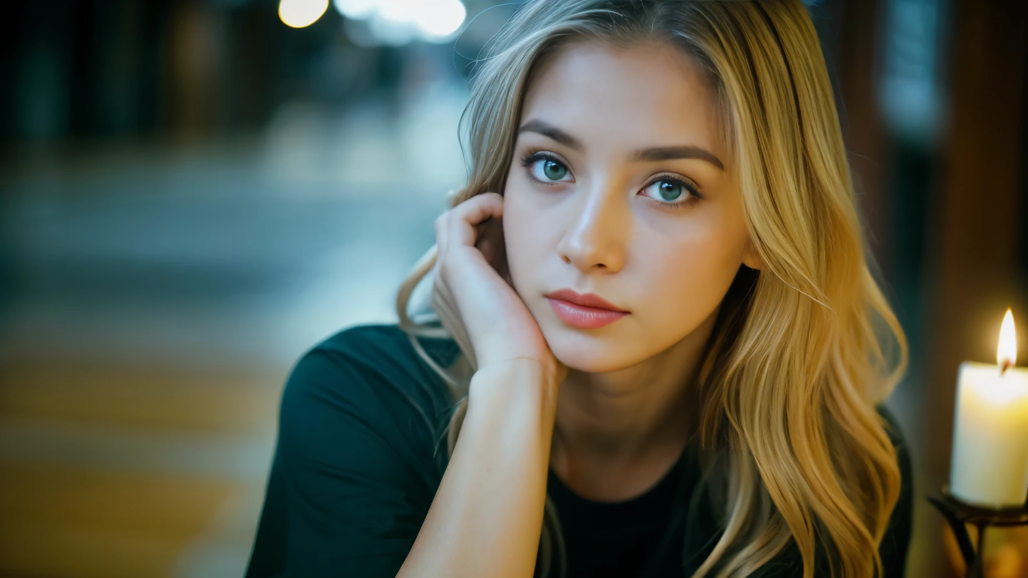 tatuados,Beautiful blonde with big breasts in a black T-shirt、Many tattoos on the arms、 (Late night school hallway、walk),Candlelight only,Very detailed, 21 years old, Innocent face, Wavy Hair, blue eyes, High resolution, masterpiece, Highest quality, Intricate details, Very detailed, Clear focus, Delicate skin, practical skin texture, texture, Delicate eyes, Professional, 4K, Sad face,despair、 Shot with Canon, 85mm, Shallow and deep, Kodak Vision Color, Exactly, Very detailed, photograph_\(Extremist\), photographpractical, practical, Post-processing, Maximum details, Roughness, Real Life, Extremist practical, Photorealism, photographgraphy, 8K Ultra HD, photographgraphy