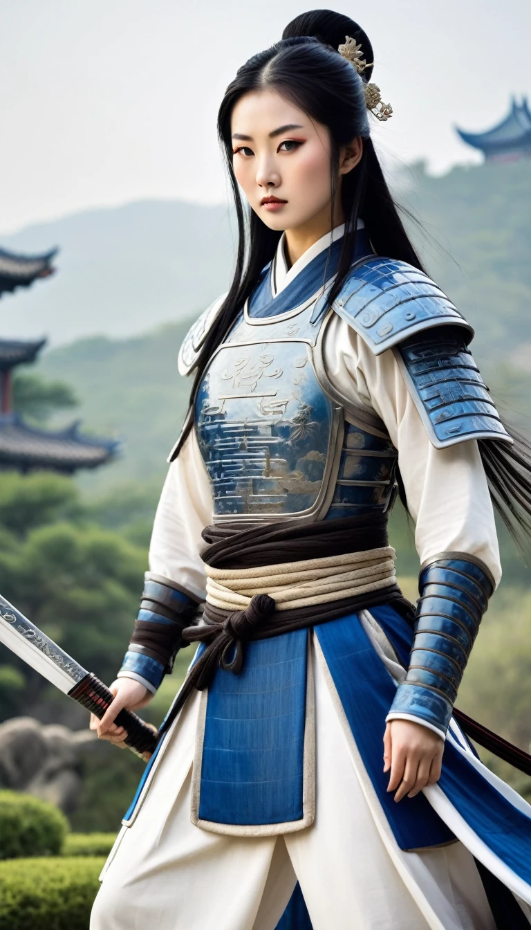 20-year-old female warrior from the Tang Dynasty, dressed in traditional Tang Dynasty battle armor. She is holding a traditional Chinese sword with a poised and confident stance. Her armor features intricate designs and reflects the aesthetics of the Tang period. Her clothing is white with blue stripes, and she wears white boots. She has long black hair styled in a traditional manner. The background is a scenic landscape with a hint of ancient Chinese architecture and nature, emphasizing her readiness for battle."