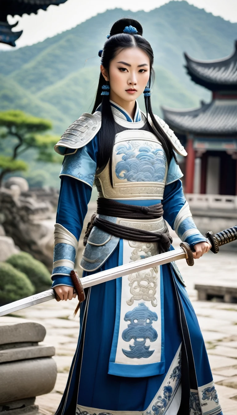 20-year-old female warrior from the Tang Dynasty, dressed in traditional Tang Dynasty battle armor. She is holding a traditional Chinese sword with a poised and confident stance. Her armor features intricate designs and reflects the aesthetics of the Tang period. Her clothing is white with blue stripes, and she wears white boots. She has long black hair styled in a traditional manner. The background is a scenic landscape with a hint of ancient Chinese architecture and nature, emphasizing her readiness for battle."