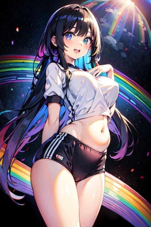 ((Highest quality)), ((masterpiece)), (detailed), Perfect Face, Perfect Arms, Perfect hands, Perfect Fingers, anime, Ultra-fine illustration, buruma, One girl, cute, smile, (Open your mouth:1.3), {(Rainbow Longhair:1.3)}, (Short sleeve gym clothes), (Put your hands behind your back), Large breasts, (Belly button), Are standing, Photographed from the front, Cowboy Shot,