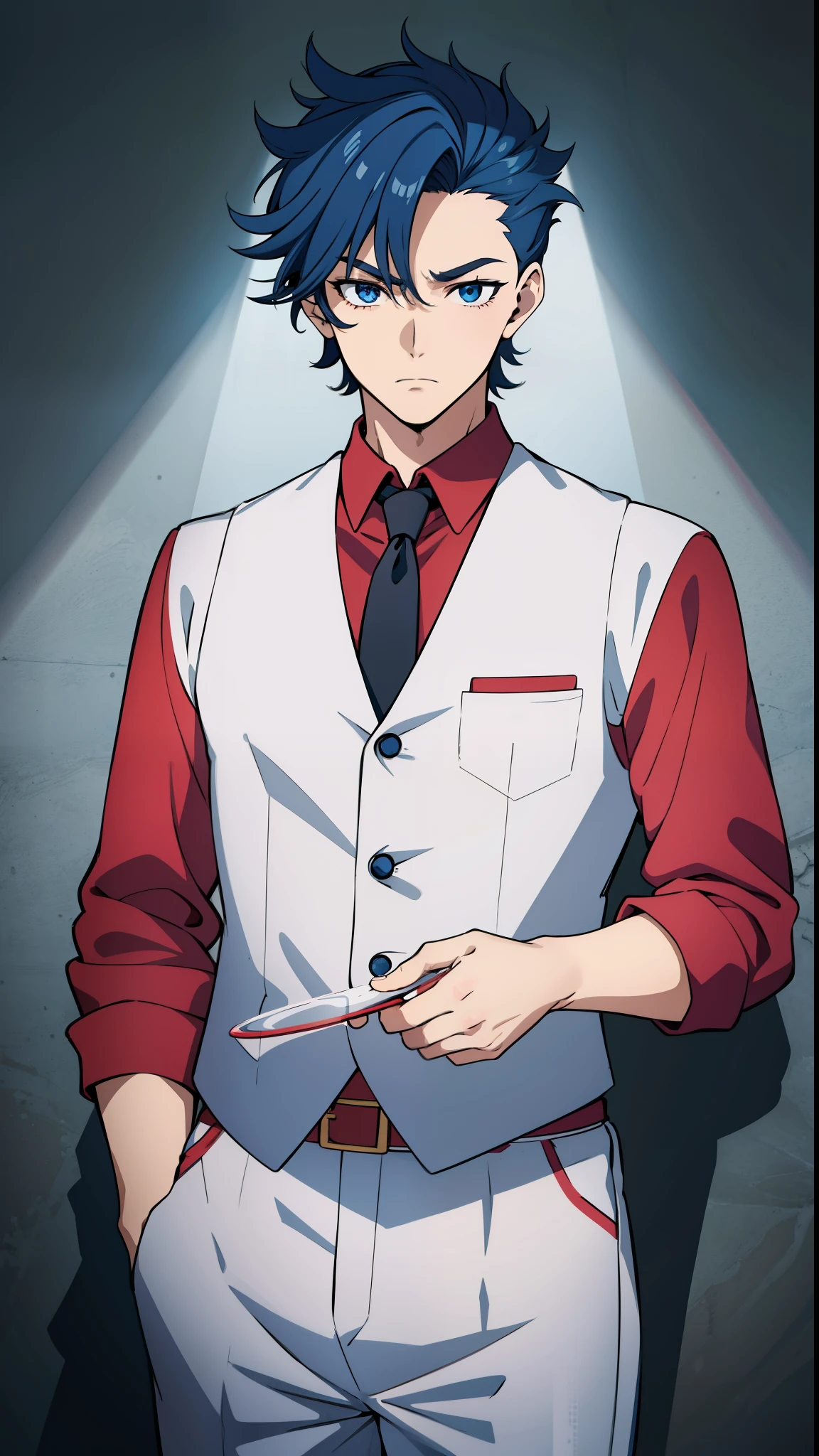 anime boy, confused, eyebrow raised, questioning expression, smoulder, holding glass, dark blue hair, blue eyes, red clothes, white shirt, (beautiful and aesthetic:1. 5), thick black lineart, clean lineart, perfect lineart, moody lighting, gritty, intense, sharp lineart, best quality, high quality, best quality, ultra-detailed, saturated colours, HD,