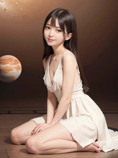 Japanese female, a lot of details, (underweight), detailed black hair, beautiful detailed hair, super fucking beautiful, delicate beautiful face, complex details beautiful and delicate eyes, perfect hands, (flat chest best quality:1.5), perfect and delicate limbs, detailed skin, best quality, ultra-detailed,(cheerful grin:1.3),
(planets in series:1.5) ,sitting, semi long, (cream dress), (full body shot:1.2), low angle shot