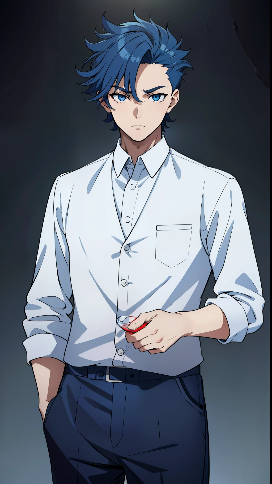 anime boy, confused, eyebrow raised, questioning expression, smoulder, holding glass, dark blue hair, blue eyes, red clothes, white shirt, (beautiful and aesthetic:1. 5), thick black lineart, clean lineart, perfect lineart, moody lighting, gritty, intense, sharp lineart, best quality, high quality, best quality, ultra-detailed, saturated colours, HD,