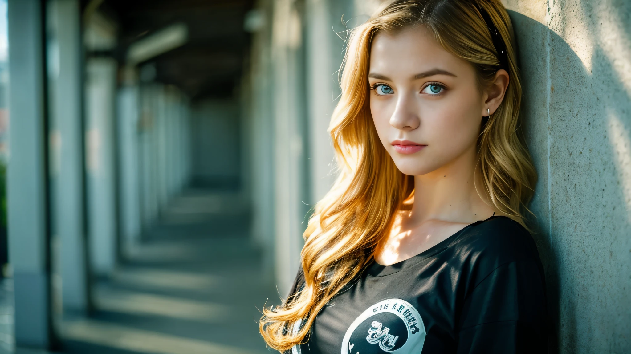 tatuados,Beautiful blonde with big breasts in a black T-shirt、Many tattoos on the arms、 (Late night school hallway、walk),Candlelight only,Very detailed, 21 years old, Innocent face, Wavy Hair, blue eyes, High resolution, masterpiece, Highest quality, Intricate details, Very detailed, Clear focus, Delicate skin, practical skin texture, texture, Delicate eyes, Professional, 4K, Sad face,despair、 Shot with Canon, 85mm, Shallow and deep, Kodak Vision Color, Exactly, Very detailed, photograph_\(Extremist\), photographpractical, practical, Post-processing, Maximum details, Roughness, Real Life, Extremist practical, Photorealism, photographgraphy, 8K Ultra HD, photographgraphy