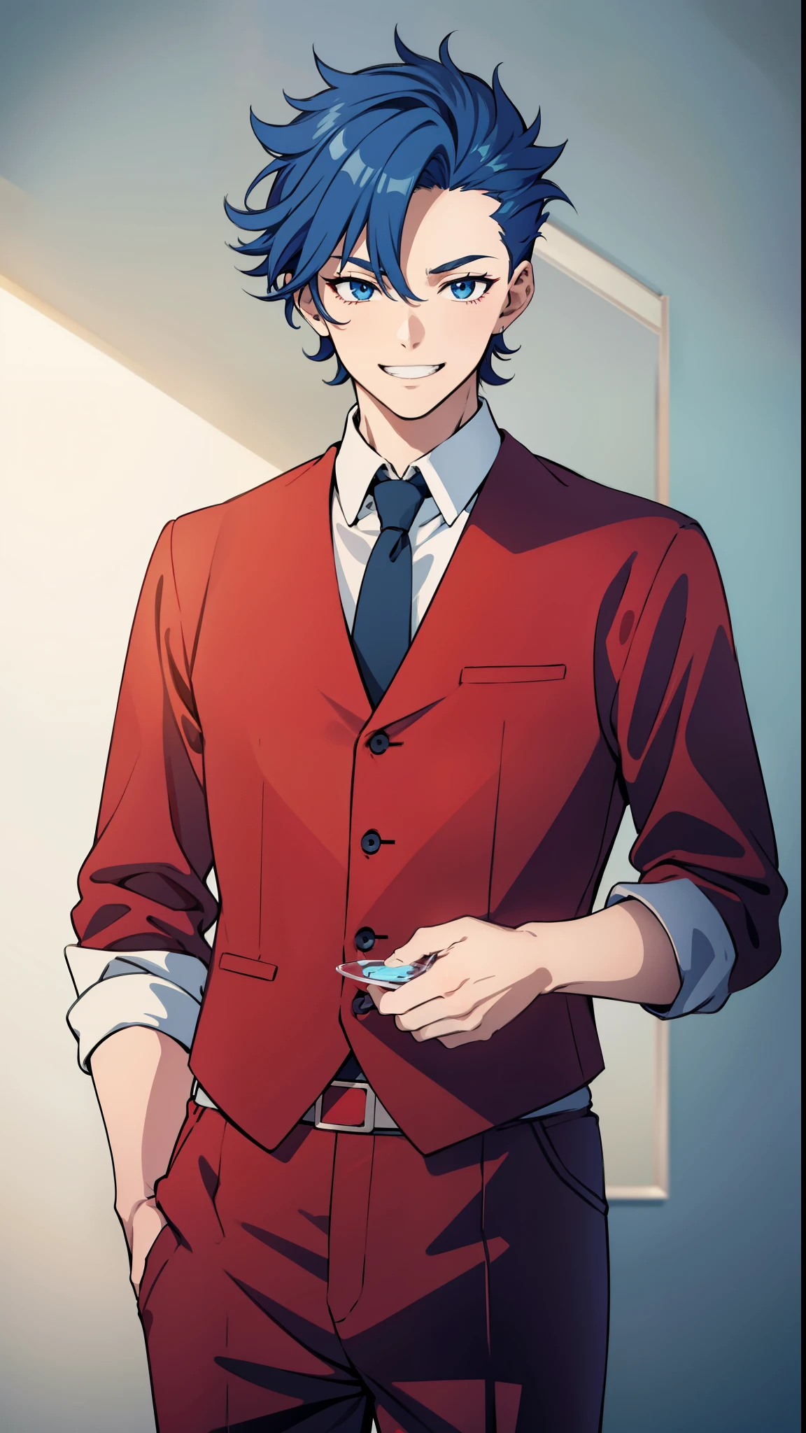 anime boy, smiling, teeth, happy, wide smile, holding glass, dark blue hair, blue eyes, red clothes, white shirt, (beautiful and aesthetic:1. 5), thick black lineart, clean lineart, perfect lineart, moody lighting, gritty, intense, sharp lineart, best quality, high quality, best quality, ultra-detailed, saturated colours, HD,