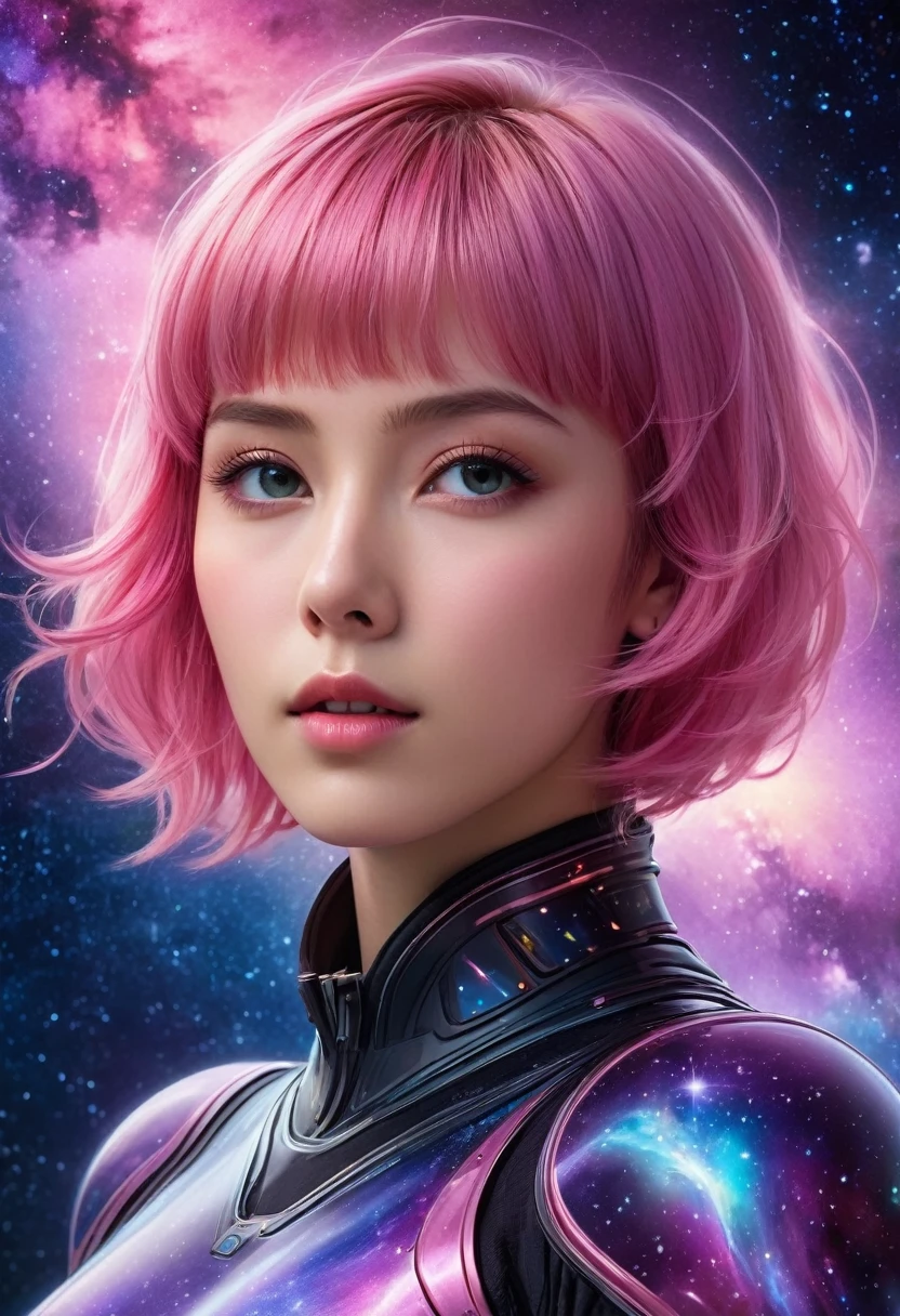 (Highest quality,4K,8k,High resolution,masterpiece:1.2),Very detailed,(Realistic,photoRealistic,photo-Realistic:1.37),Night Sky, Spiritual cosmic beings (Translucent woman:1.5), beautiful, short hair, Pink Hair, Straight Hair, 18-year-old, Cybertic, With bangs, cyber punk, Fantasy, dream-like, Astronomical Diagram, 息を呑むほどbeautiful星空, Mysterious Galaxy, Sparkling constellations, Vivid nebulae, Swirling colors, Shining Moon, Shining Northern Lights, Fascinating Stardust, Otherworldly atmosphere, Heavenly brilliance, Infinite Expansion, Heavenly Beauty, Transcendent Existence, Seductive energy, celestial harmony, Heavenly Silence, Space Serenade, An ethereal whisper, Fascinating space dance, The Graciousness of God, Heavenly brilliance, space magic,