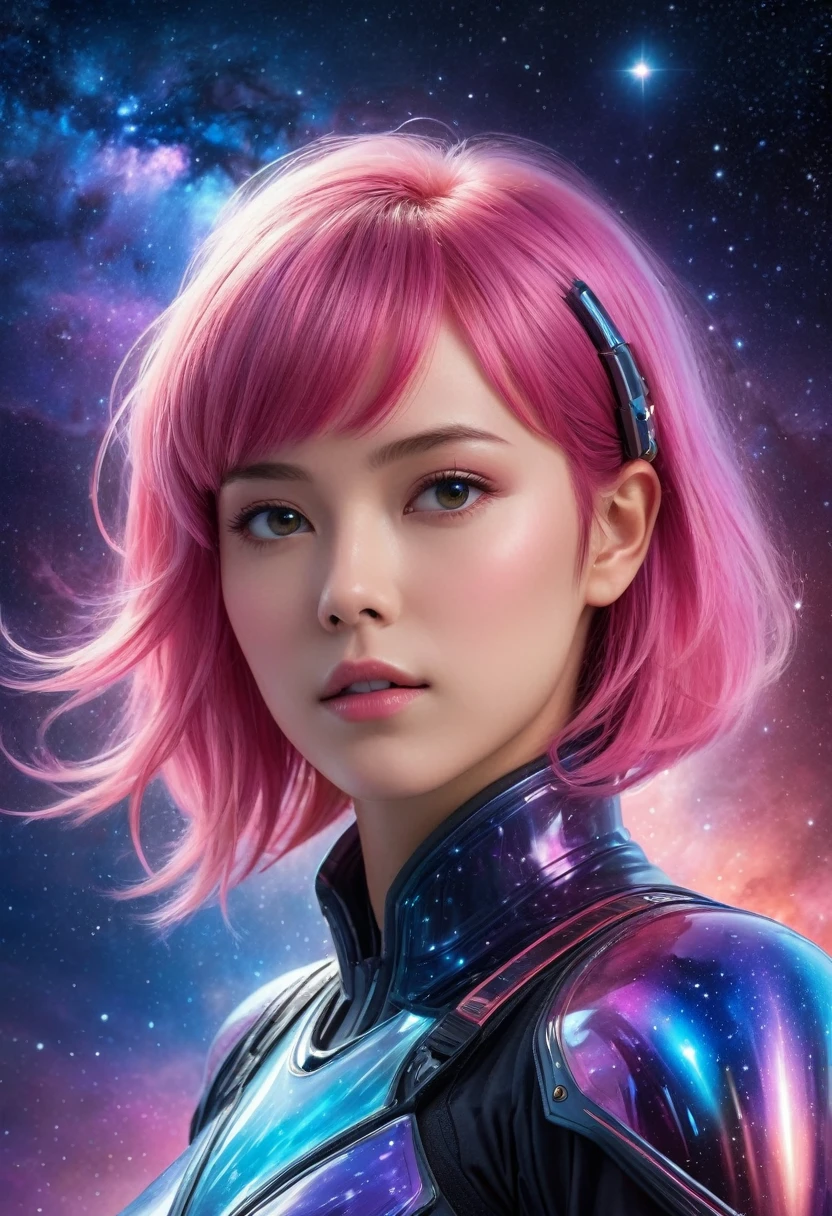 (Highest quality,4K,8k,High resolution,masterpiece:1.2),Very detailed,(Realistic,photoRealistic,photo-Realistic:1.37),Night Sky, Spiritual cosmic beings (Translucent woman:1.5), beautiful, short hair, Pink Hair, Straight Hair, 18-year-old, Cybertic, With bangs, cyber punk, Fantasy, dream-like, Astronomical Diagram, 息を呑むほどbeautiful星空, Mysterious Galaxy, Sparkling constellations, Vivid nebulae, Swirling colors, Shining Moon, Shining Northern Lights, Fascinating Stardust, Otherworldly atmosphere, Heavenly brilliance, Infinite Expansion, Heavenly Beauty, Transcendent Existence, Seductive energy, celestial harmony, Heavenly Silence, Space Serenade, An ethereal whisper, Fascinating space dance, The Graciousness of God, Heavenly brilliance, space magic,